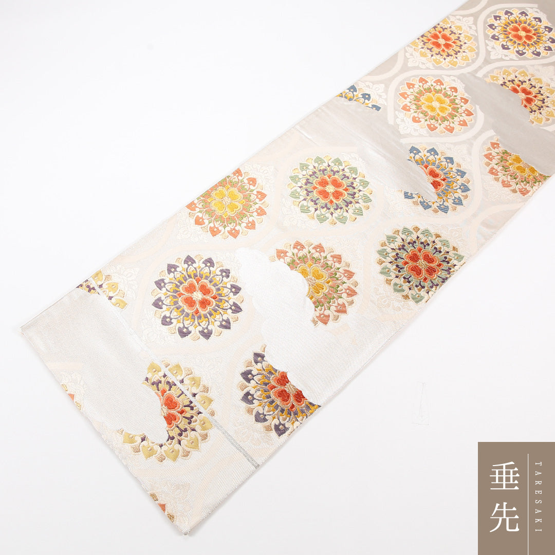 袋帯 帯丈424cm 正絹 六通 フォーマル 宝相華 立涌 クリーム系 1243-02554