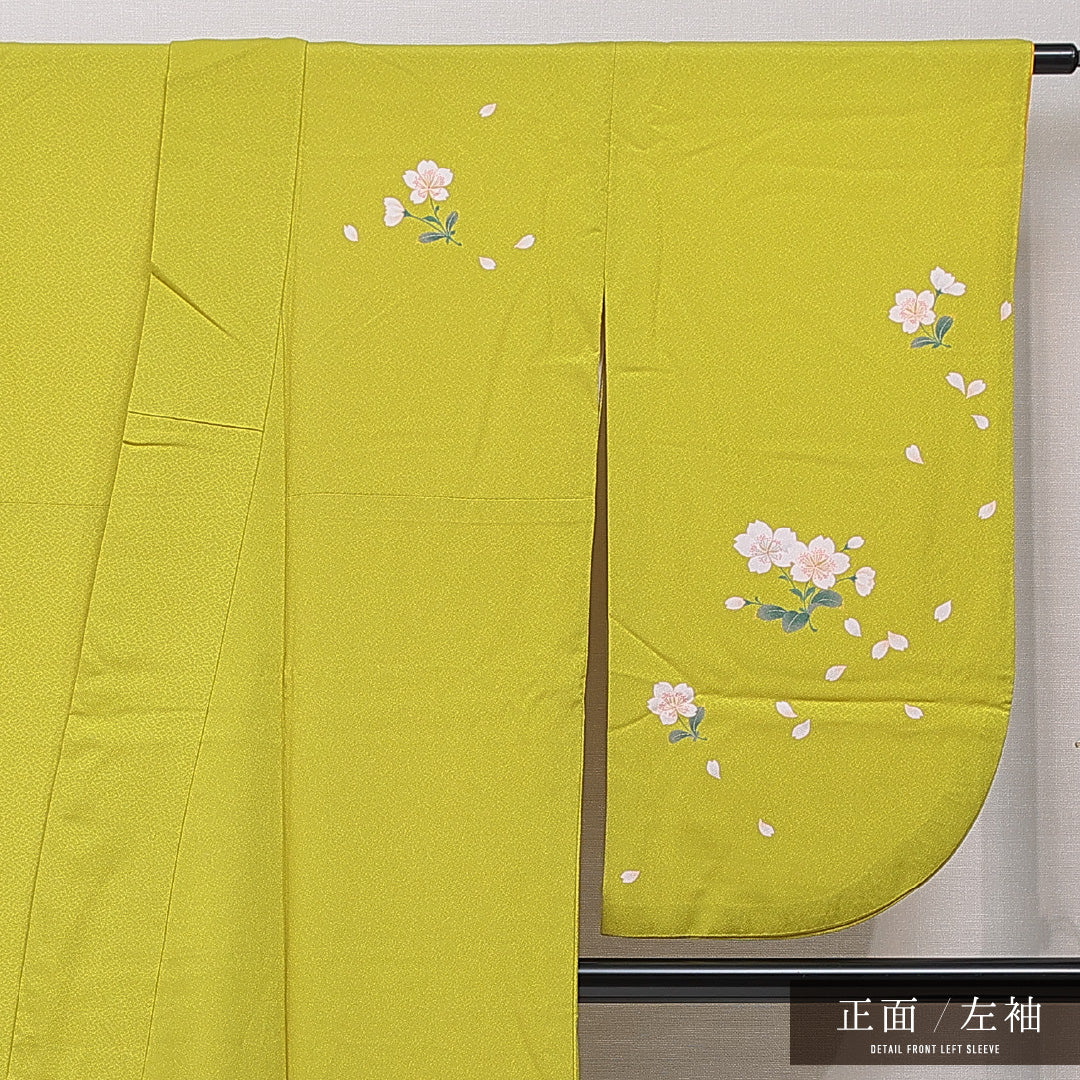 洗える着物 小振袖 袷 身丈166cm 裄丈67cm ポリエステル Cランク セミフォーマル 広衿 XLサイズ 桜 黄系 HP 1216-07070