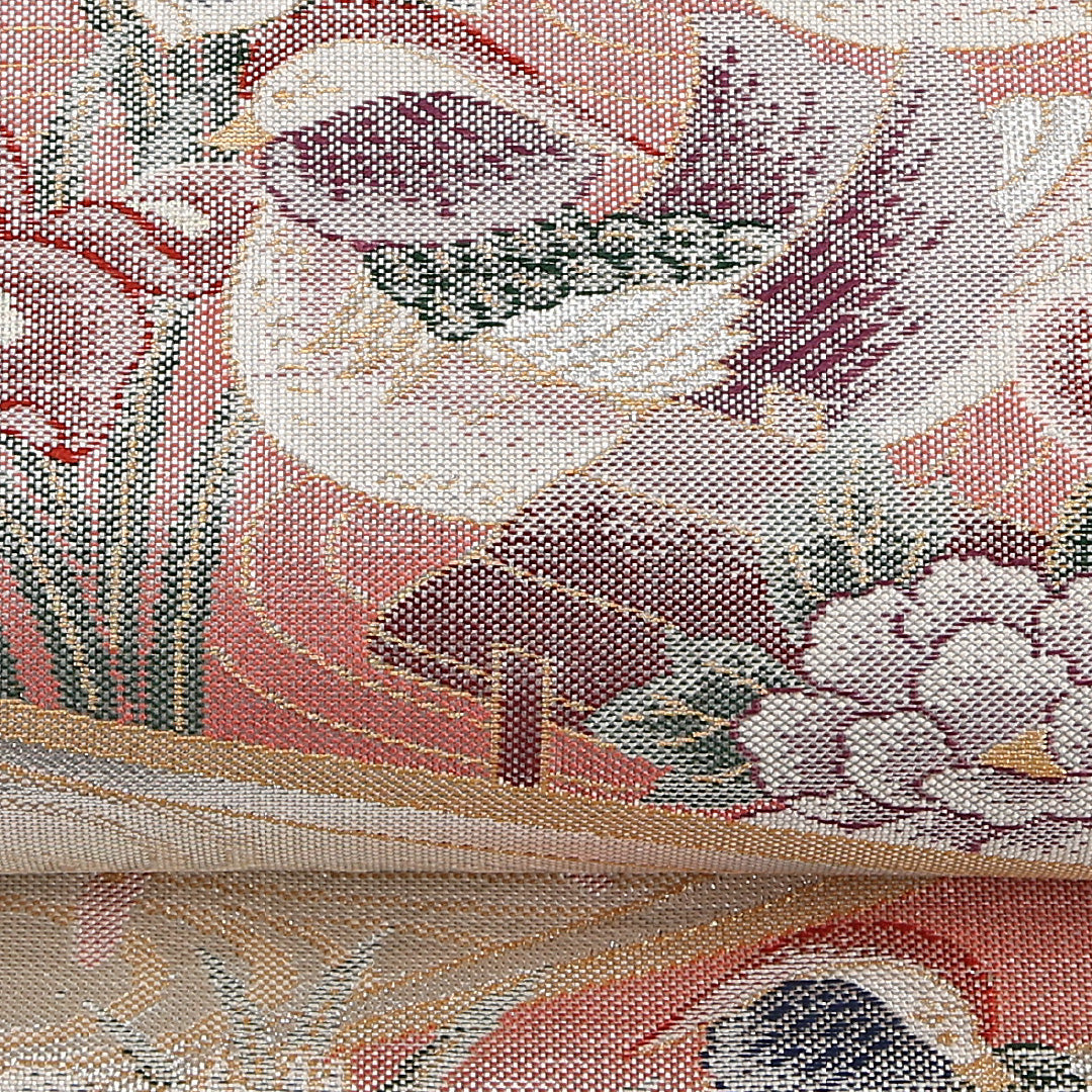 鳥 袋帯 帯丈436cm 正絹 六通 フォーマル 牡丹・菊 牡丹 クリーム系 ピンク系 1243-02572