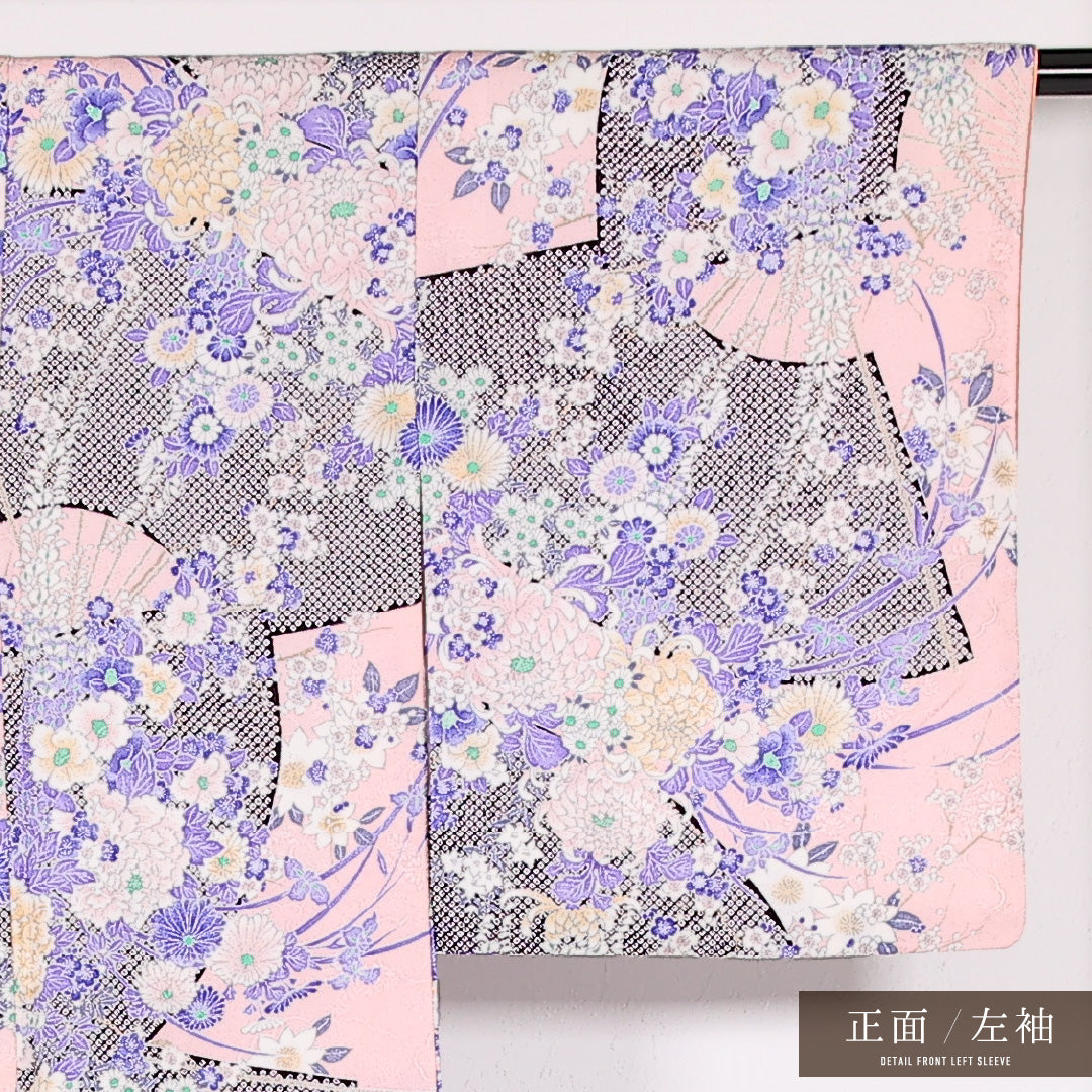 洗える着物 小紋 袷 身丈158cm 裄丈63cm ポリエステル Sランク インフォーマル 広衿 Sサイズ 花扇 ピンク系 RP 1221-17493