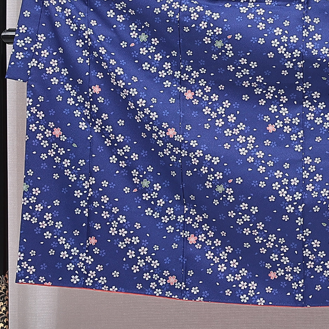 洗える着物 振袖 袷 身丈150cm 裄丈59cm ポリエステル Sランク フォーマル バチ衿 Sサイズ 花柄 紺系 RP 1215-07079