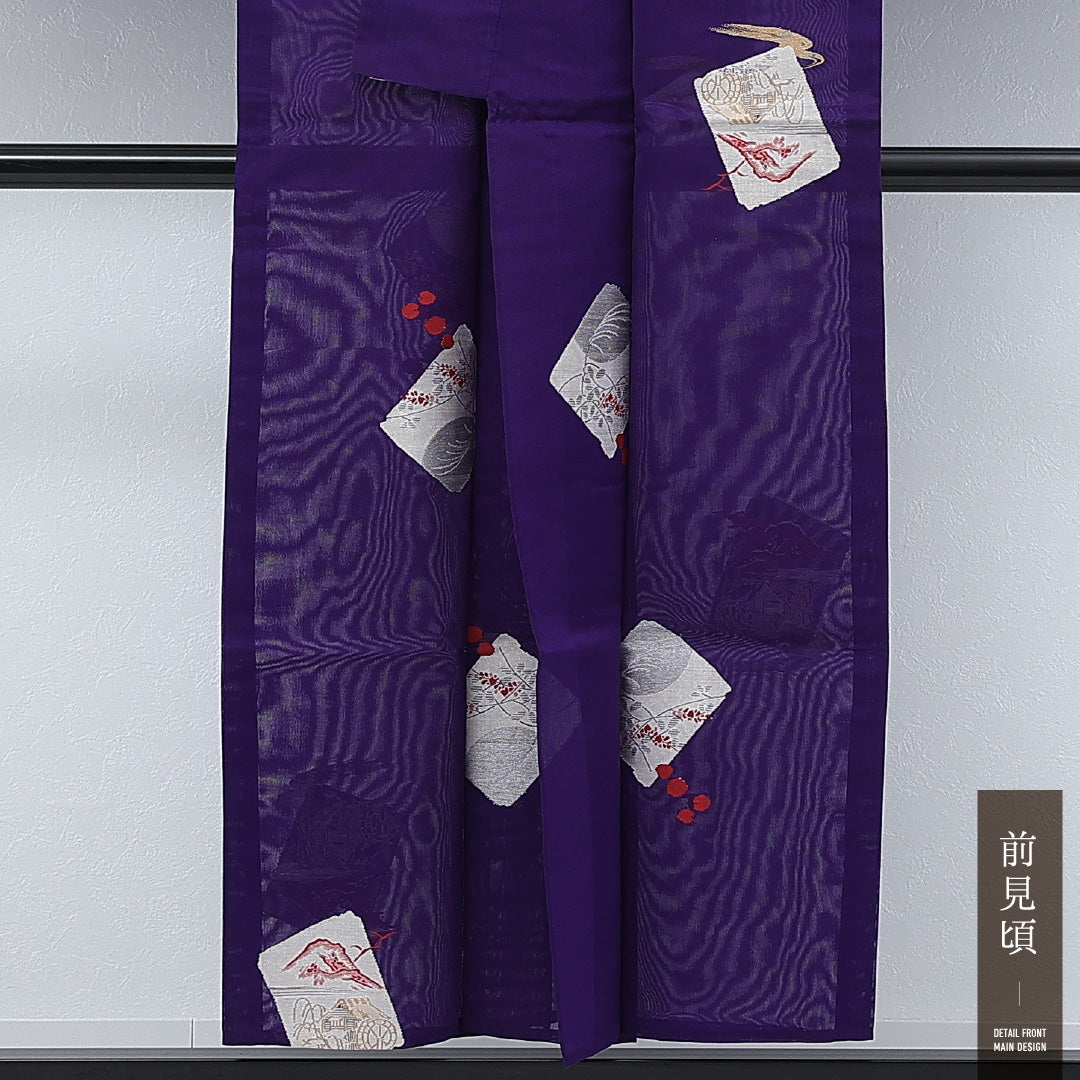 アンティーク 夏物 小紋 紗 身丈148cm 裄丈64cm 正絹 Bランク 広衿 Sサイズ 金箔 風景柄 紫系 RP 1221-17248