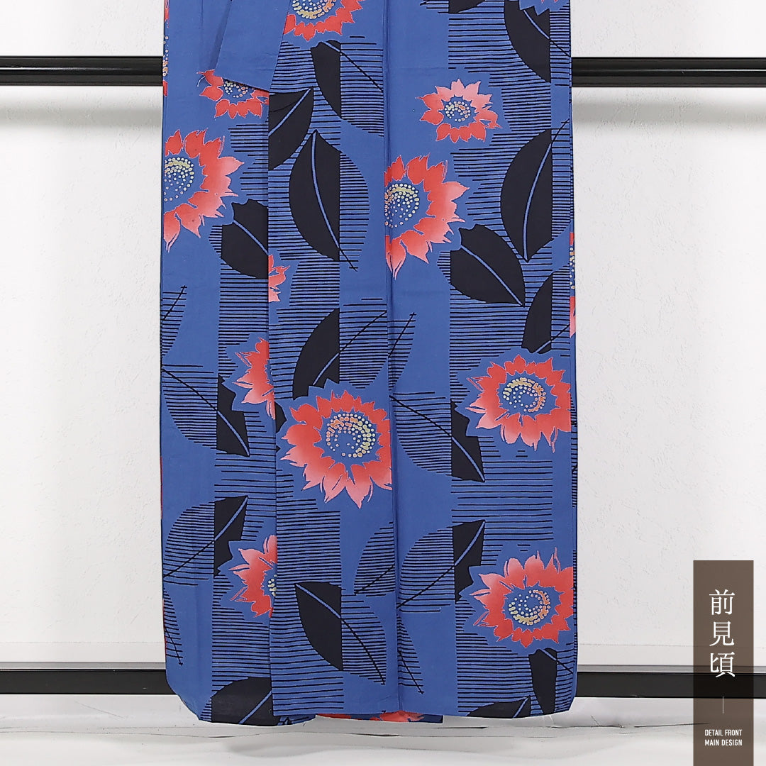 夏物 洗える着物 木綿の浴衣 身丈156cm 裄丈63cm 木綿 Aランク カジュアル バチ衿 XSサイズ 居敷当て 肩当て 向日葵 青系 RP 1225-17488