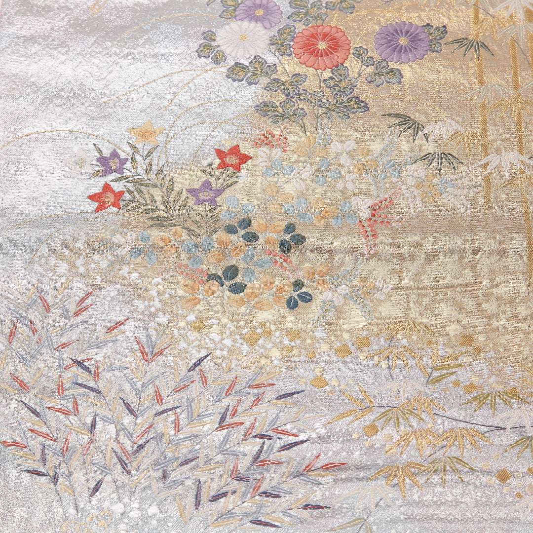 鶴 袋帯 帯丈428cm 正絹 六通 フォーマル 菊 白系 銀系 1243-02635