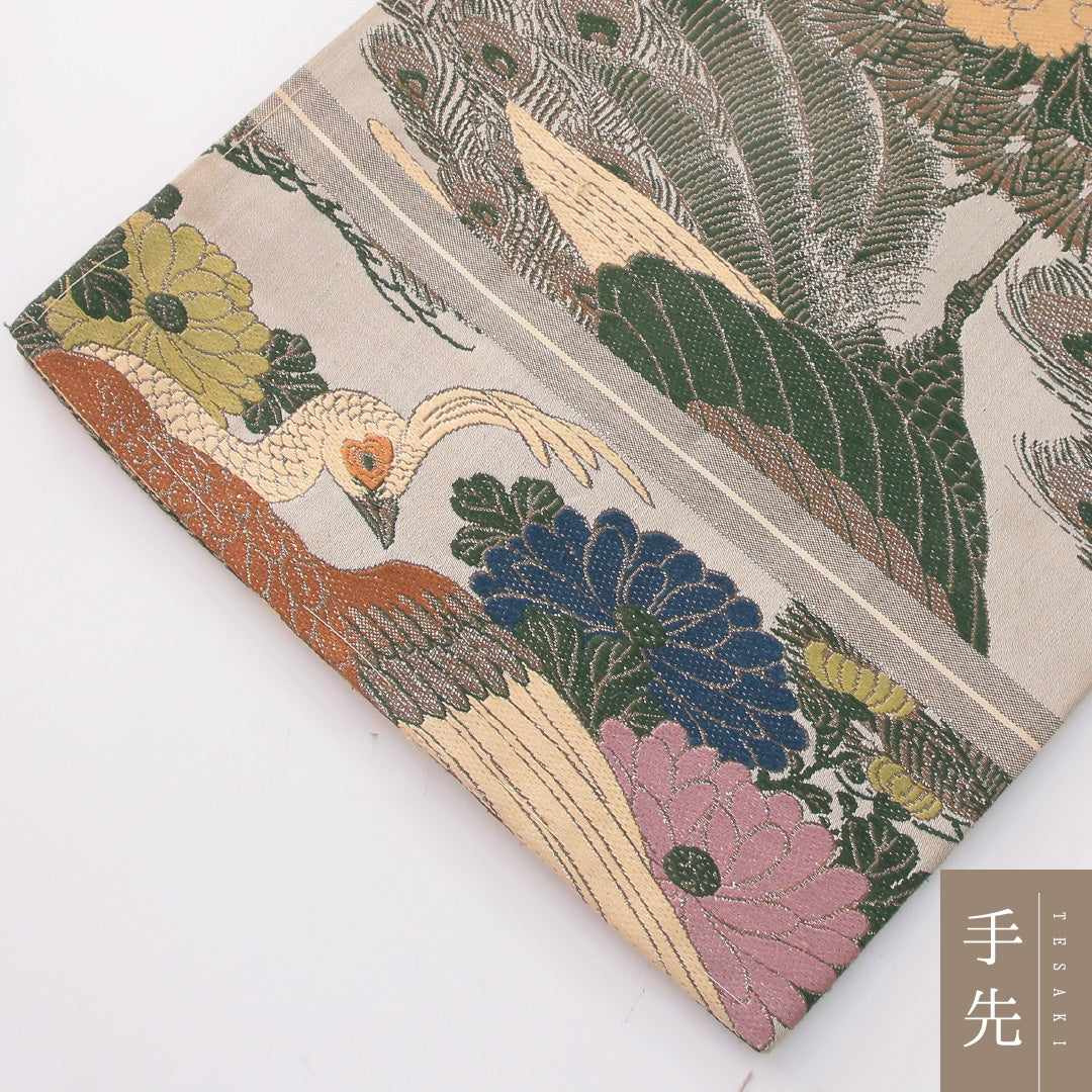 アンティーク 丸帯 帯丈376cm 正絹 全通 孔雀 菊 グレー系 1242-02422
