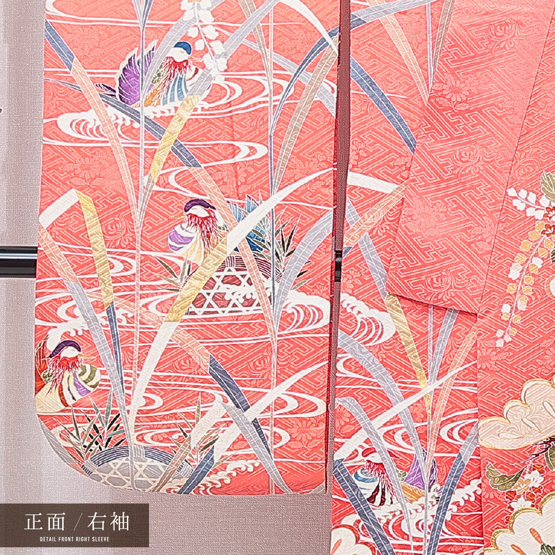 振袖 袷 身丈160cm 裄丈66cm 正絹 Cランク フォーマル 広衿 Lサイズ 鴛鴦 流水 ピンク系 LP 1215-07049