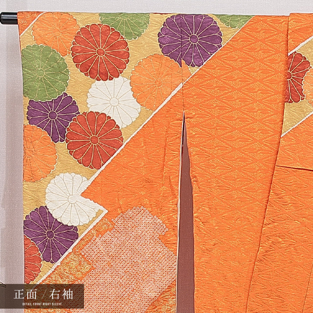 振袖 袷 身丈168cm 裄丈66cm 正絹 Sランク フォーマル 広衿 XLサイズ 金駒刺繍 菊 朱系 RP 1215-07010