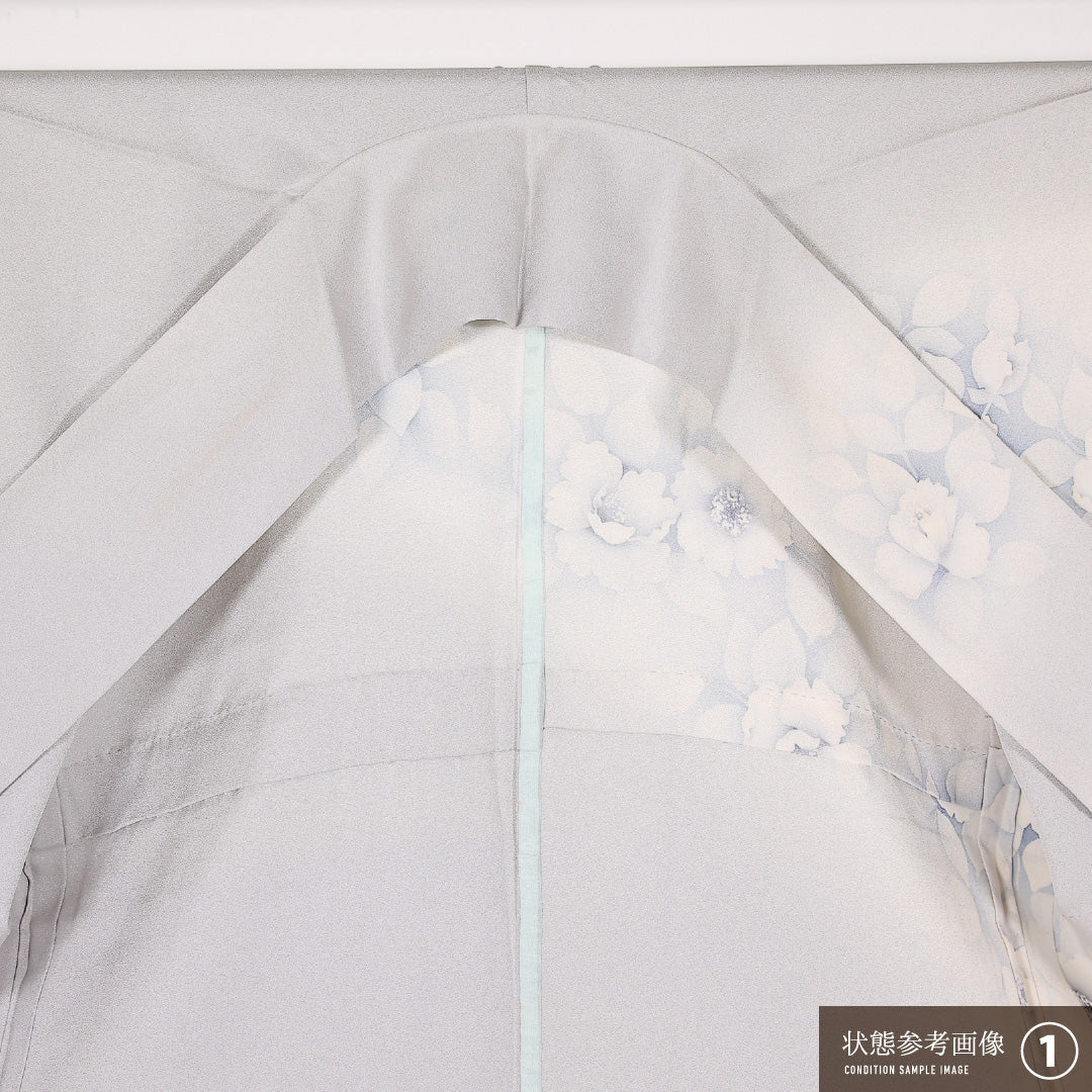 訪問着 単衣 身丈160cm 裄丈60cm 正絹 Bランク セミフォーマル 広衿 Mサイズ 椿 グレー系 RP 1217-17520