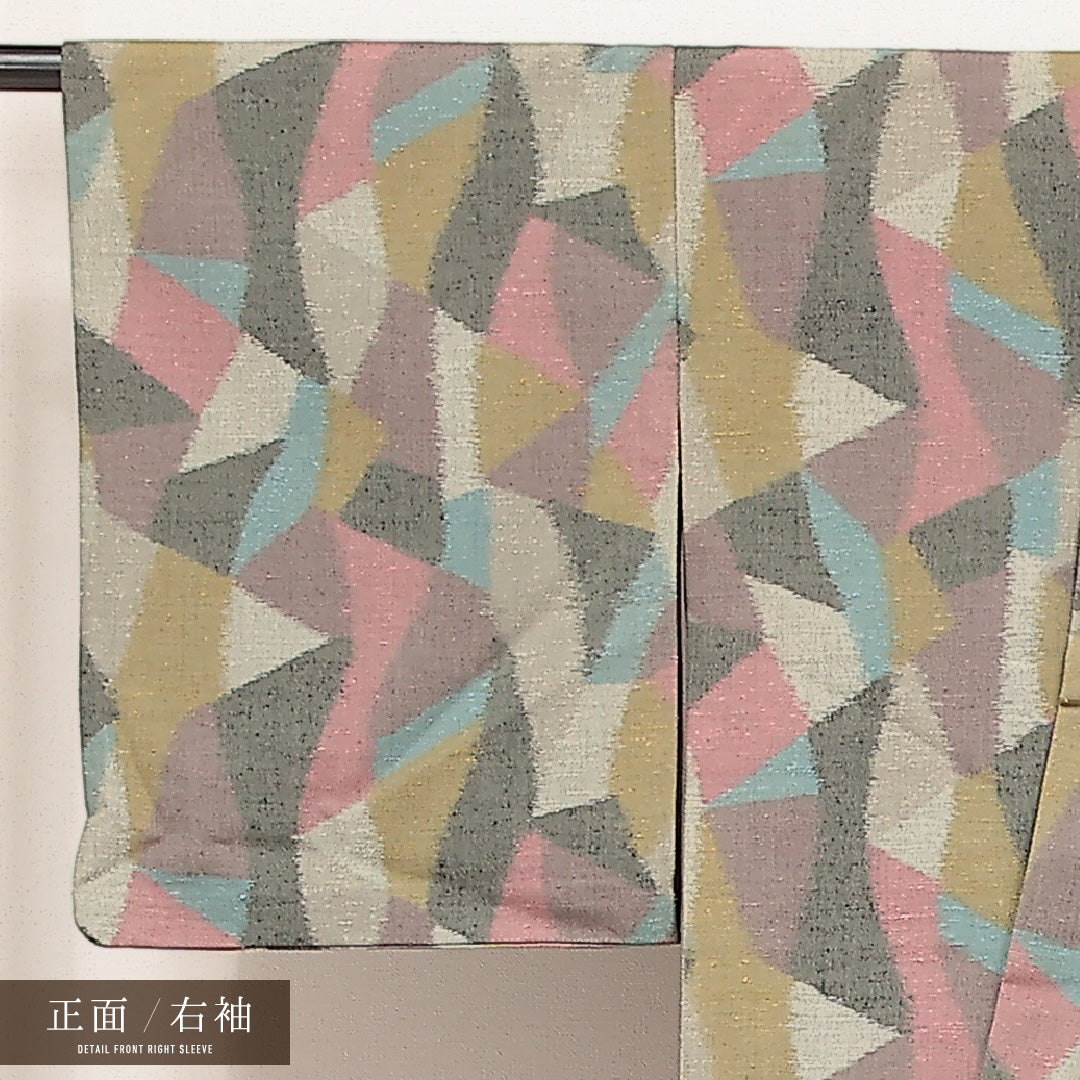 紬 単衣 身丈142cm 裄丈65cm 正絹 Aランク カジュアル 広衿 Mサイズ 居敷当て 肩当て 創作柄 多色系 RP 1223-17217