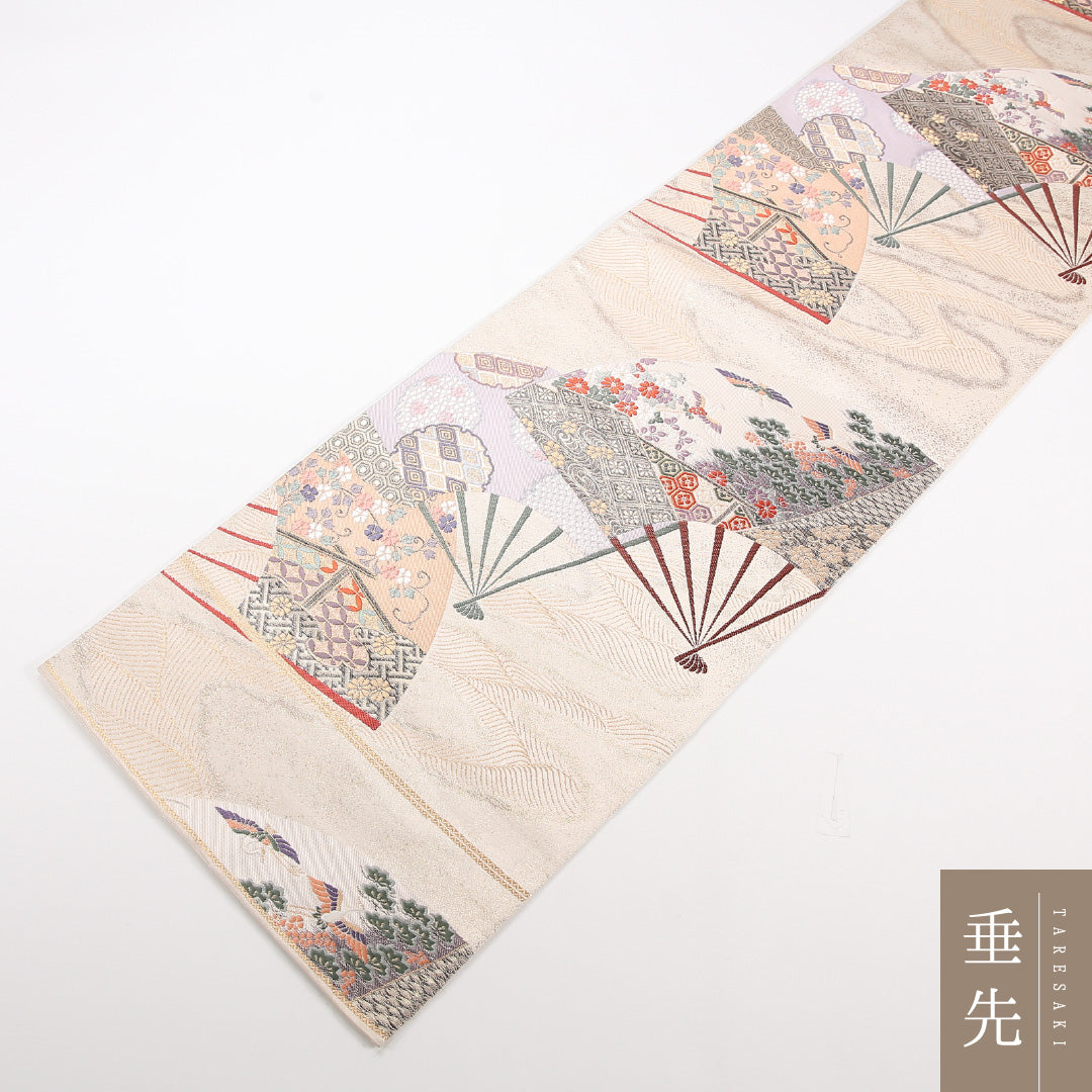 袋帯 帯丈416cm 正絹 六通 フォーマル 扇面文 クリーム系 1243-02538