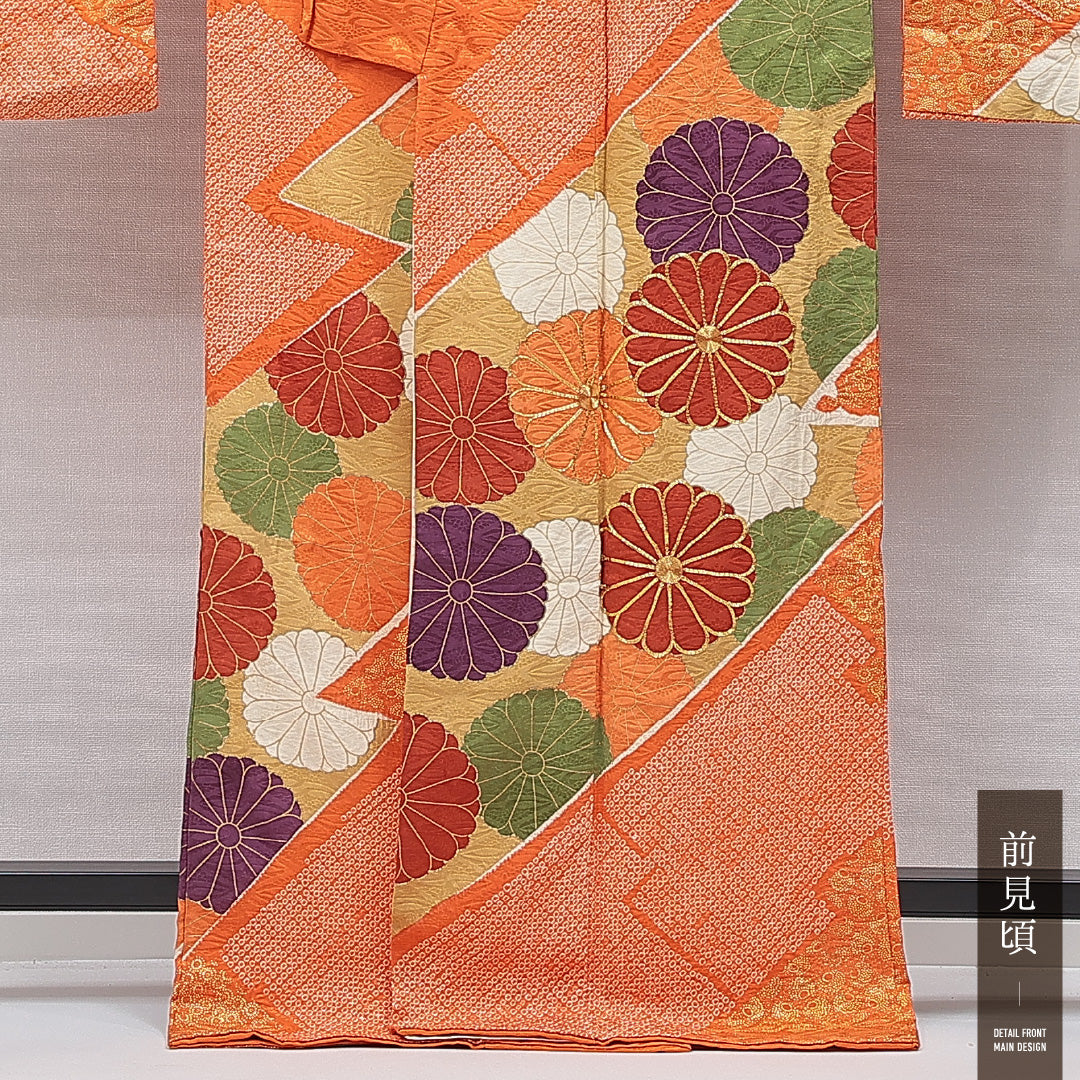振袖 袷 身丈168cm 裄丈66cm 正絹 Sランク フォーマル 広衿 XLサイズ 金駒刺繍 菊 朱系 RP 1215-07010