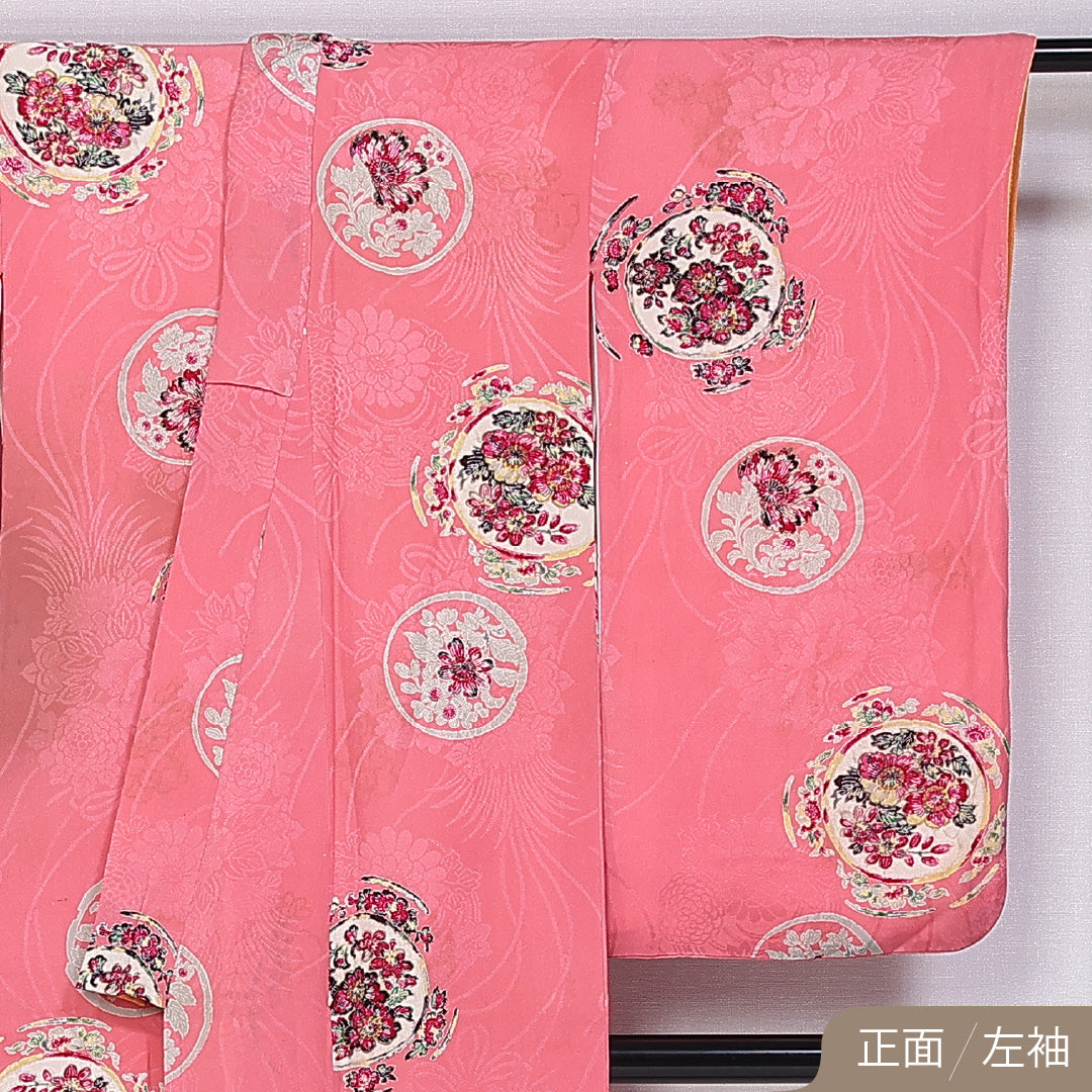 アンティーク 小振袖 袷 身丈149cm 裄丈62cm 正絹 Cランク バチ衿 XSサイズ 橘 菊 牡丹 ピンク系 RP 1216-06664