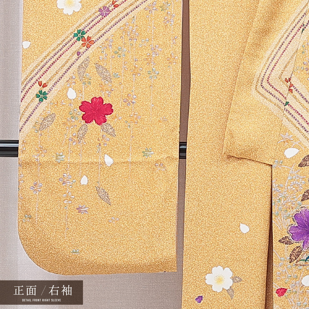振袖 袷 身丈160cm 裄丈66cm 正絹 Sランク フォーマル 広衿 Lサイズ 鶴 花柄 黄系 RP 1215-07047