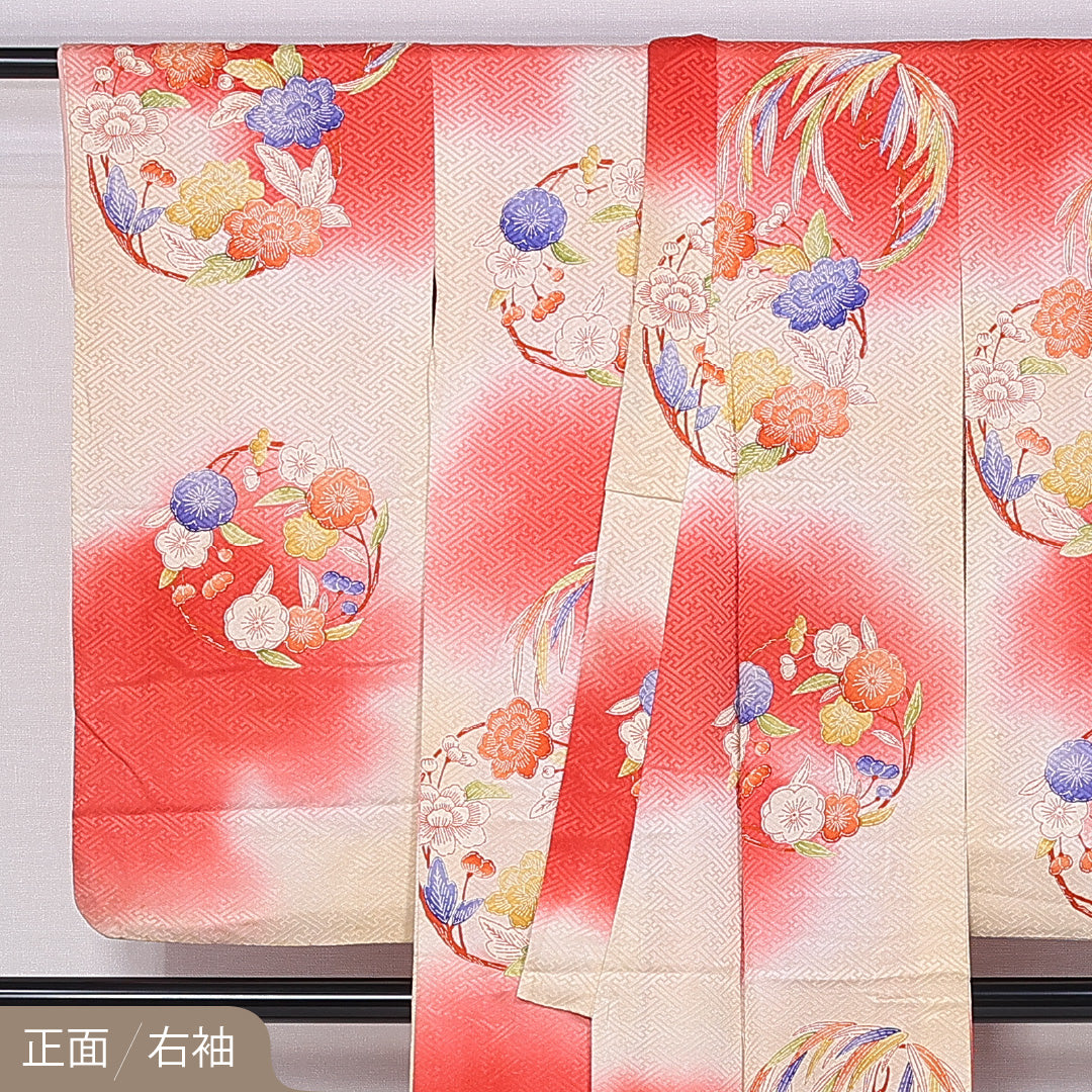 アンティーク 小振袖 袷 身丈154cm 裄丈57cm 正絹 Aランク 広衿 Sサイズ 梅 笹 牡丹 赤系 RP 1216-06670