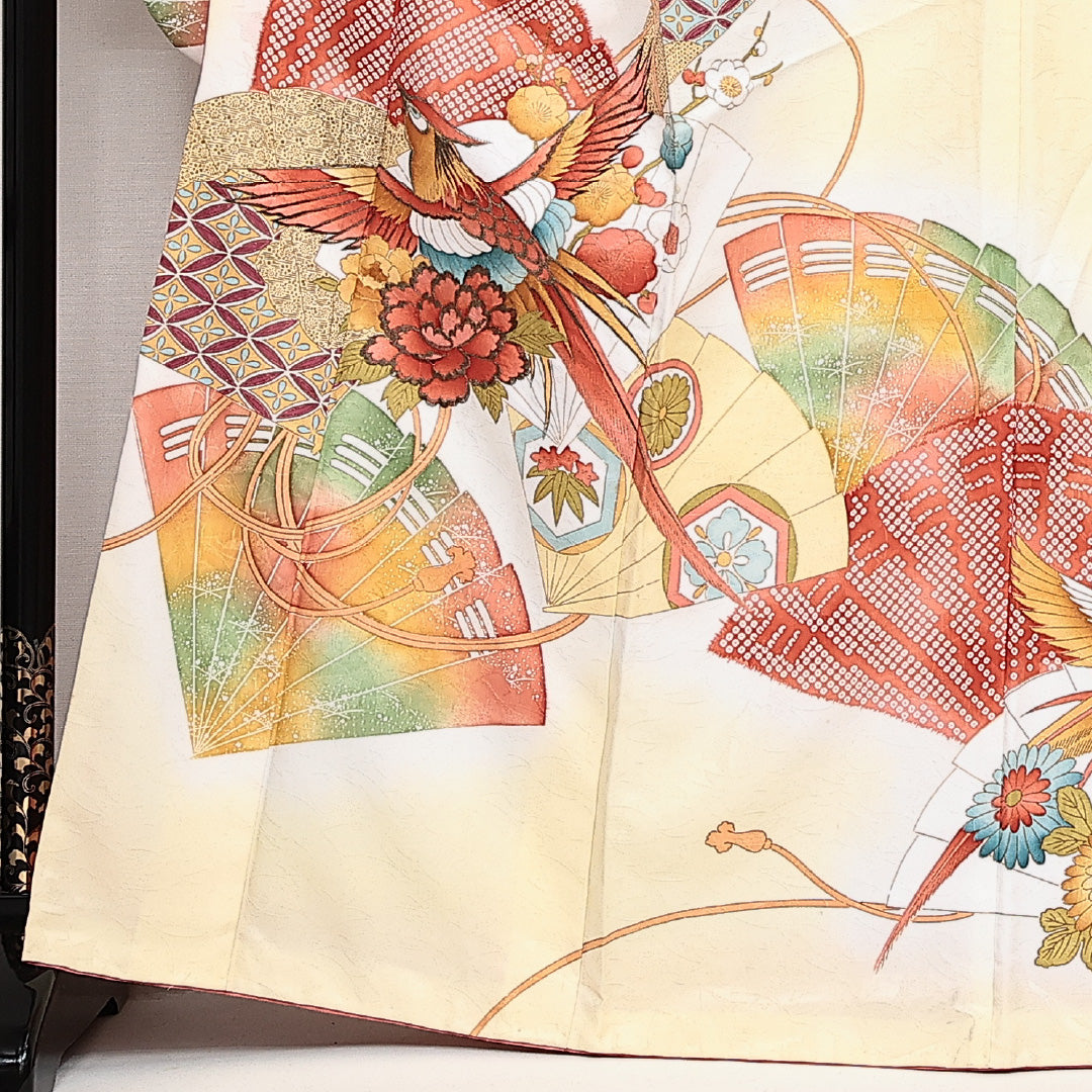 洗える着物 振袖 袷 身丈164cm 裄丈65cm ポリエステル Cランク フォーマル 広衿 Lサイズ 刺繍 扇面文 牡丹 吉祥文様 クリーム系 LP 1215-06864