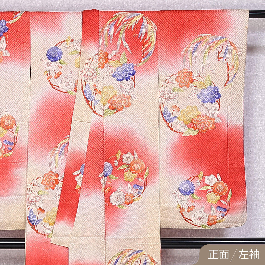 アンティーク 小振袖 袷 身丈154cm 裄丈57cm 正絹 Aランク 広衿 Sサイズ 梅 笹 牡丹 赤系 RP 1216-06670