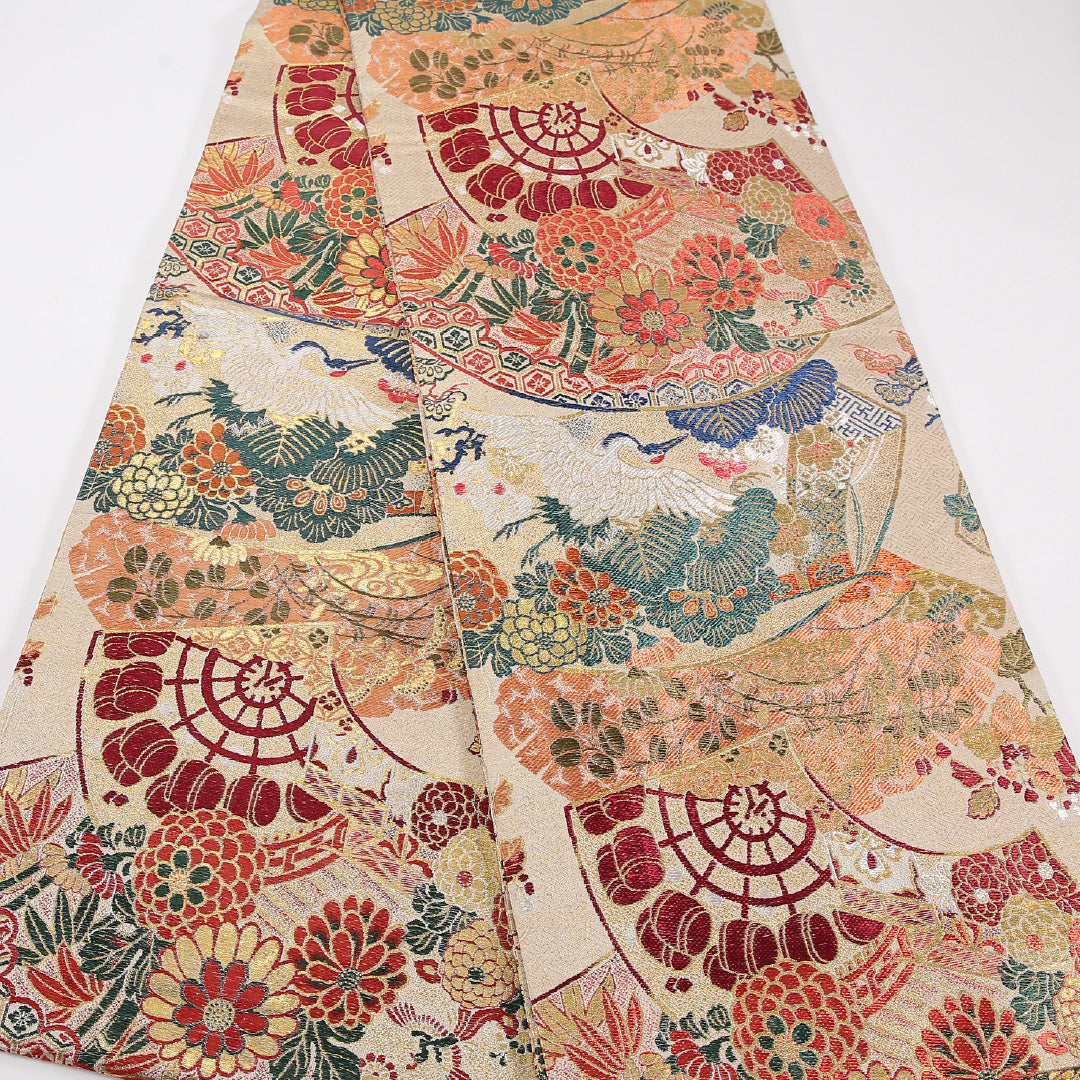 アンティーク 丸帯 帯丈388cm 正絹 全通 扇面文 菊 松 ベージュ系 1242-02566