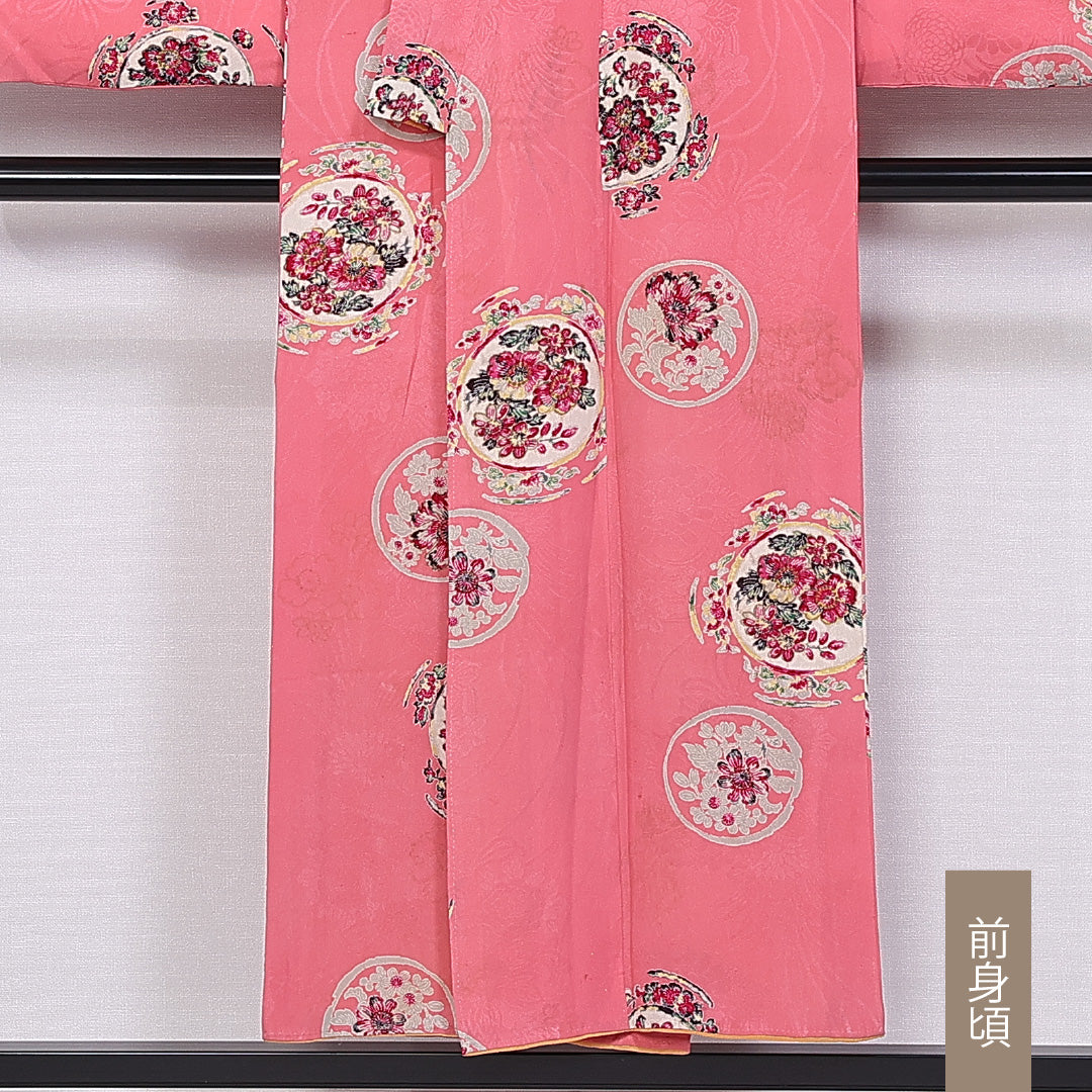 アンティーク 小振袖 袷 身丈149cm 裄丈62cm 正絹 Cランク バチ衿 XSサイズ 橘 菊 牡丹 ピンク系 RP 1216-06664