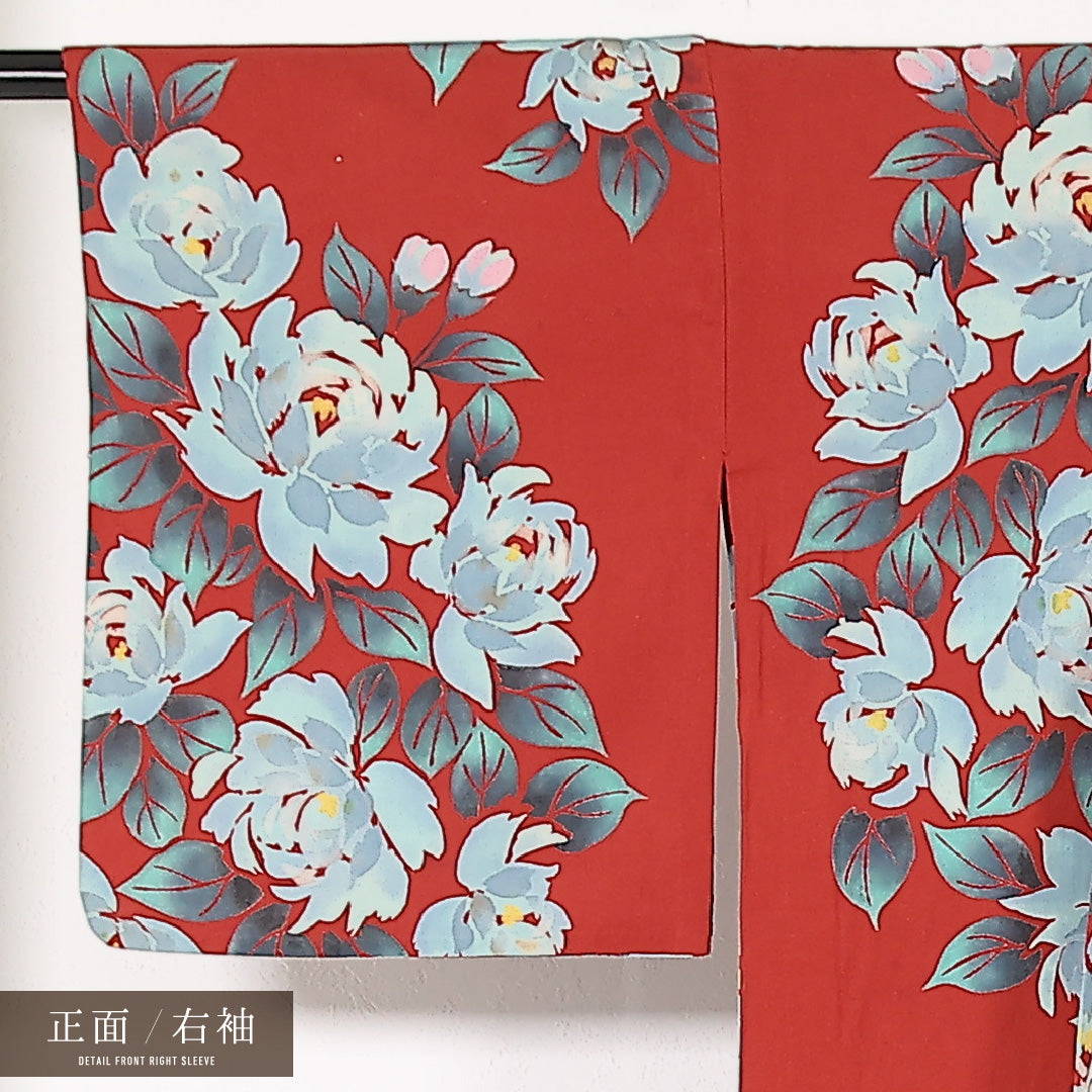 夏物 洗える着物 木綿の浴衣 身丈162cm 裄丈64cm 木綿 Cランク カジュアル バチ衿 XSサイズ 牡丹 赤系 RP 1225-17486