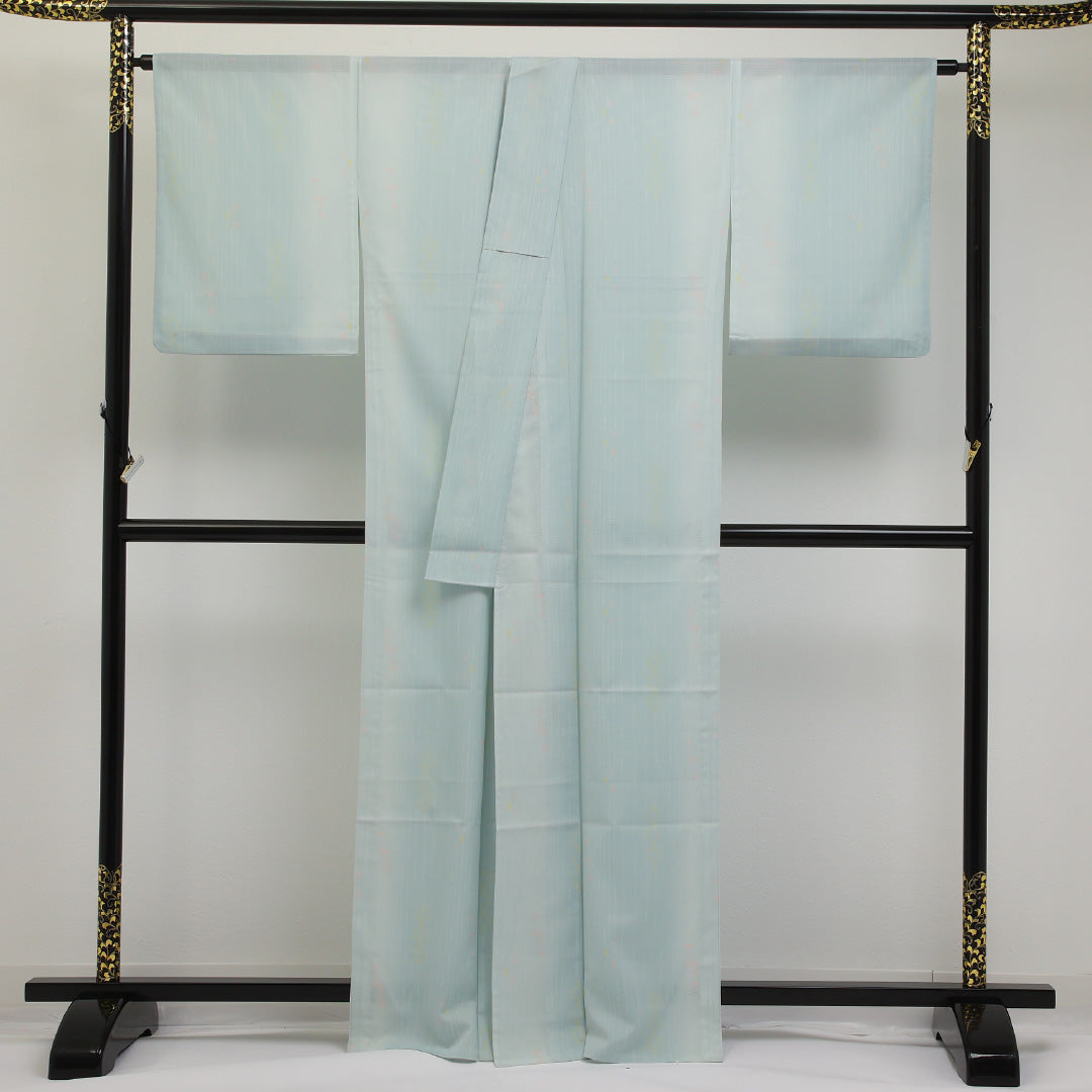 夏物 洗える着物 小紋 絽 身丈162cm 裄丈66cm ポリエステル Sランク インフォーマル 広衿 Sサイズ 創作柄 水色系 RP 1221-17331