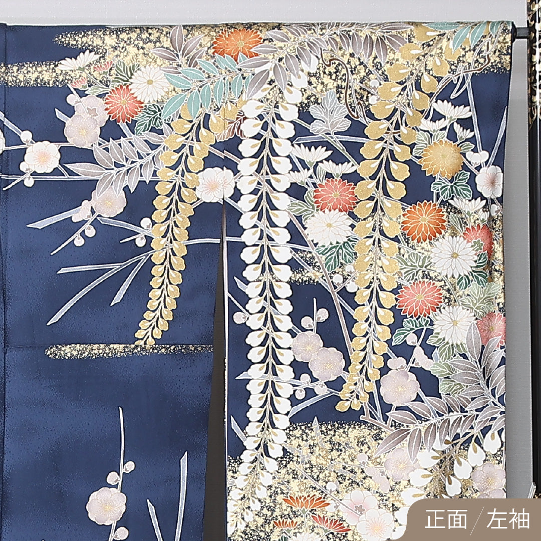 振袖 袷 身丈169cm 裄丈68cm 正絹 Sランク フォーマル 広衿 XLサイズ 刺繍 菊 紺系 RP 1215-06765