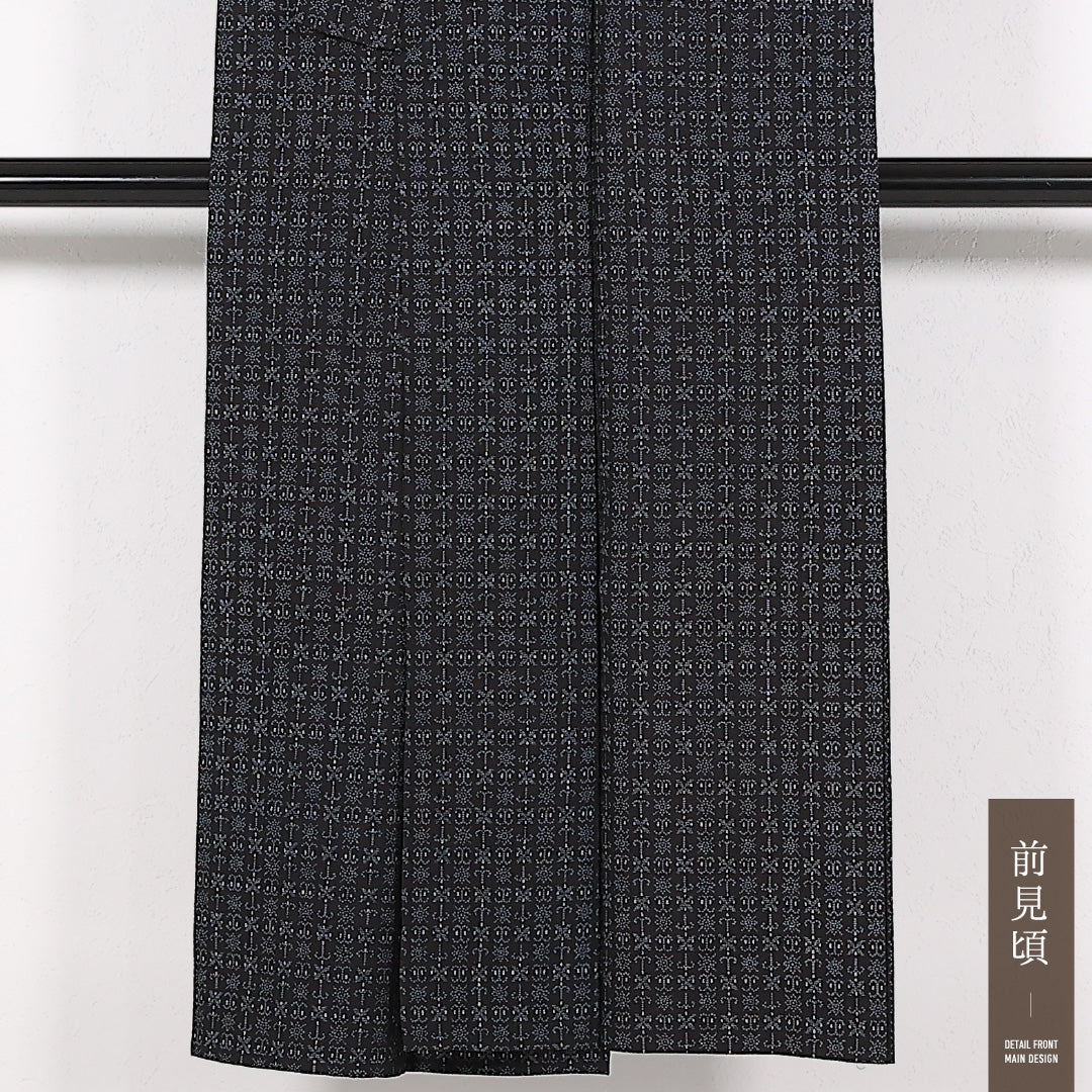 夏物 洗える着物 麻の紬 身丈145cm 裄丈62cm 麻 Aランク カジュアル バチ衿 Mサイズ アラベスク文様 ちぢみ 紺系 RP 1223-17497