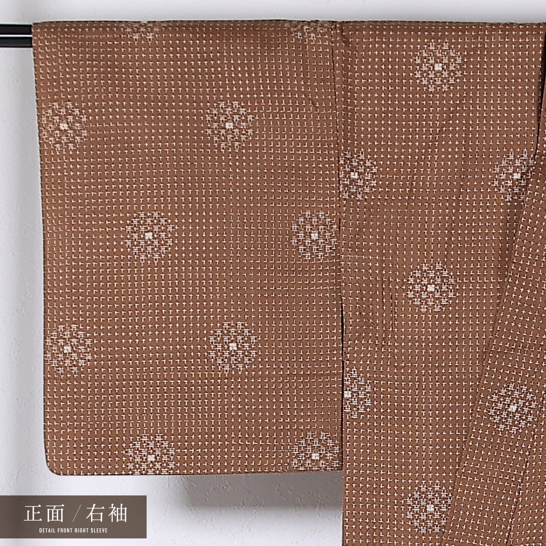 アンティーク 紬 単衣 身丈151cm 裄丈64cm 正絹 Bランク バチ衿 Sサイズ 居敷当て 肩当て 十字絣 茶系 RP 1223-17341
