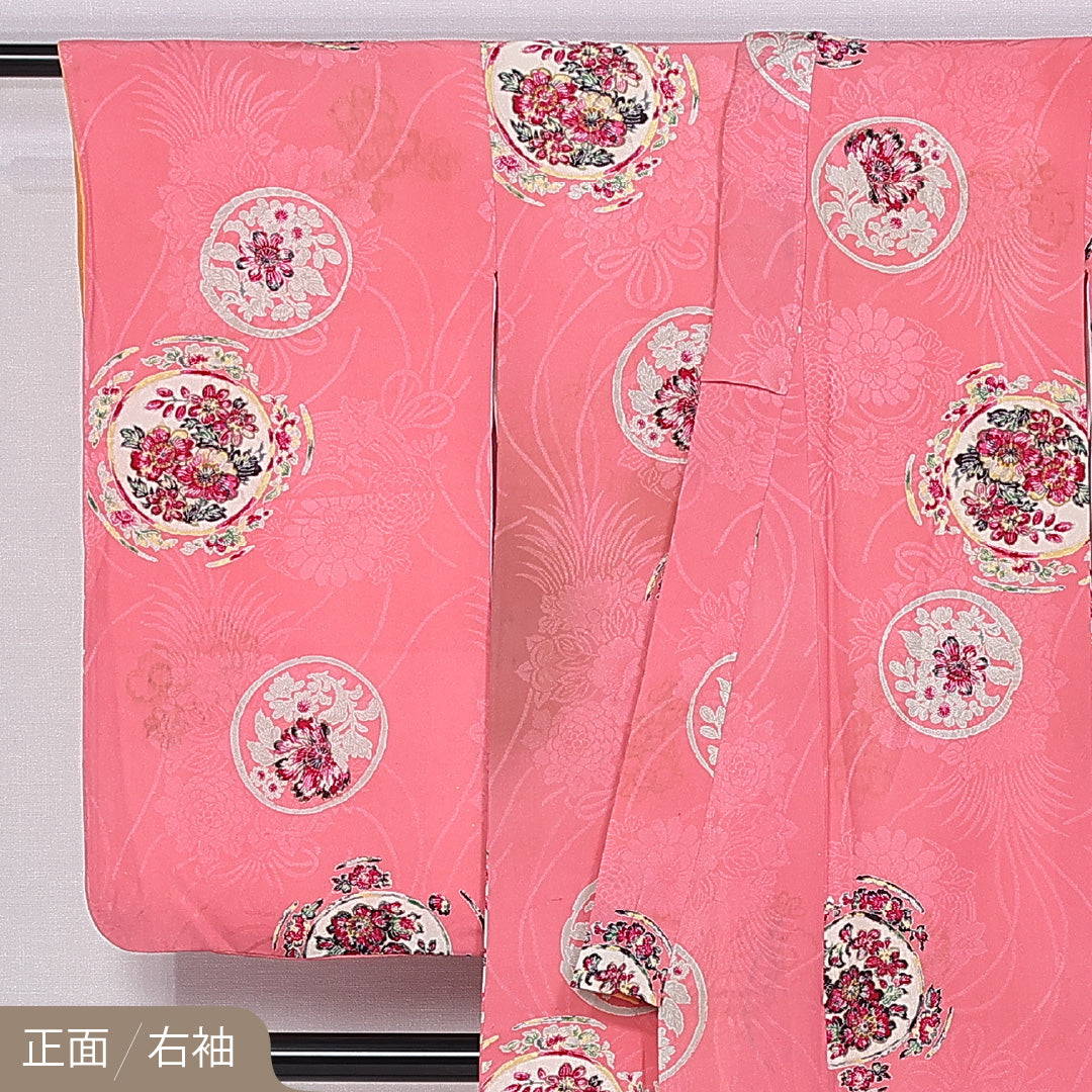 アンティーク 小振袖 袷 身丈149cm 裄丈62cm 正絹 Cランク バチ衿 XSサイズ 橘 菊 牡丹 ピンク系 RP 1216-06664