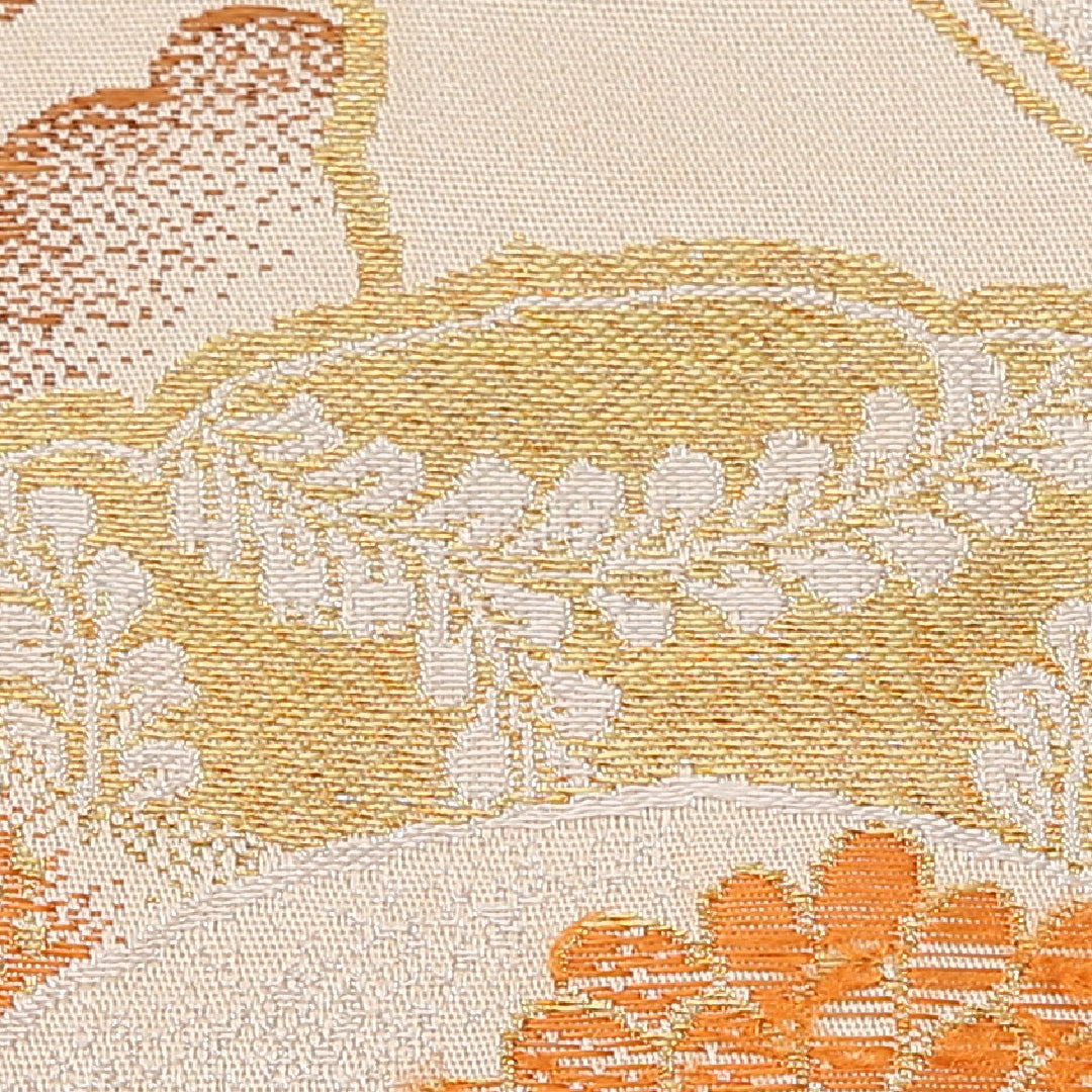 アンティーク 丸帯 帯丈394cm 正絹 全通 鶴 菊 松 クリーム系 1242-02568