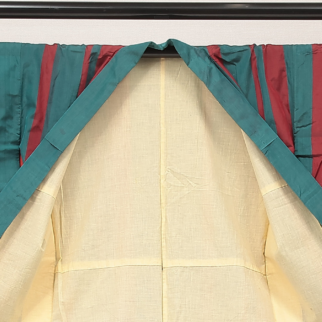 アンティーク お召 袷 身丈135cm 裄丈62cm 正絹 Cランク バチ衿 XSサイズ 縞 緑系 RP 1222-17206