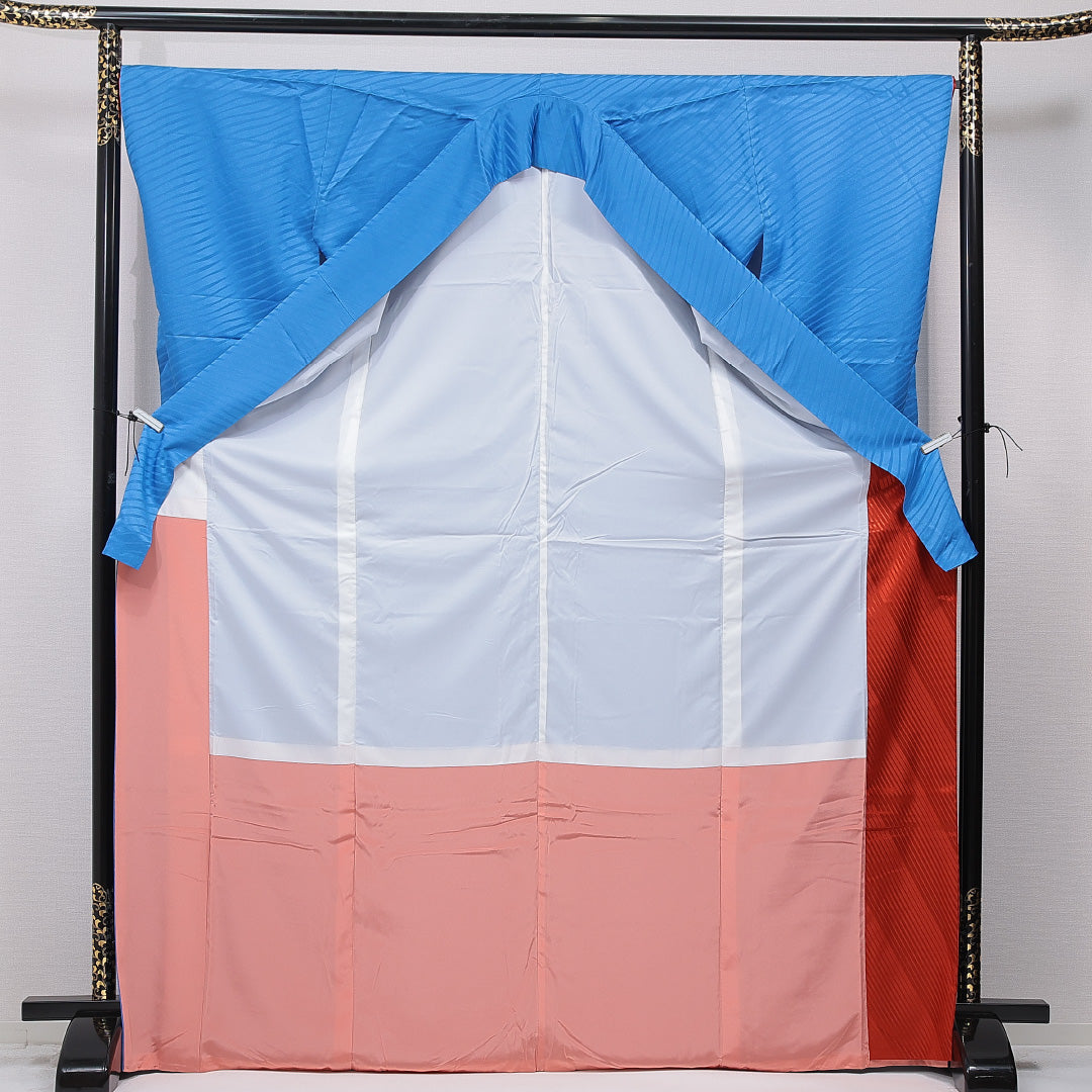 洗える着物 小振袖 袷 身丈172cm 裄丈67cm ポリエステル Sランク セミフォーマル 広衿 2XLサイズ 刺繍 牡丹 菊 青系 RP 1216-07054