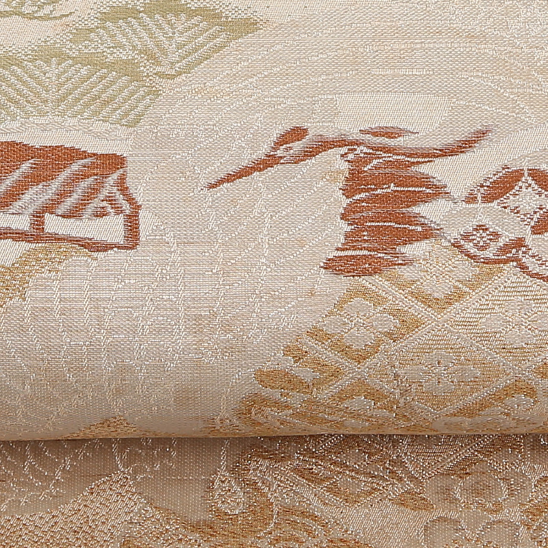 アンティーク 丸帯 帯丈380cm 正絹 全通 鶴 菊 ベージュ系 1242-02571