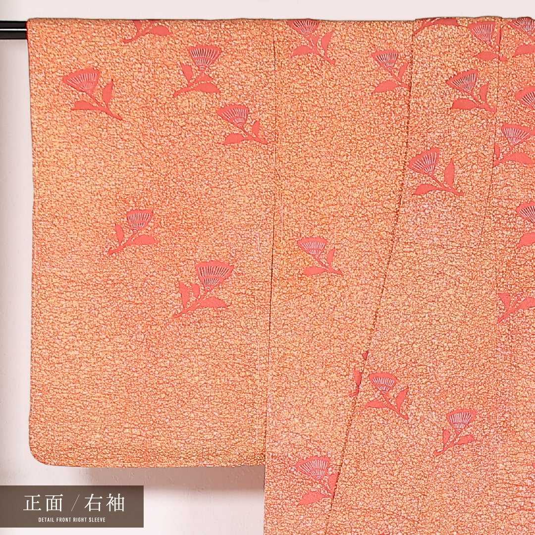 未使用品 付下げ 袷 身丈157cm 裄丈63cm 正絹 Sランク インフォーマル 広衿 Mサイズ しつけ糸 花柄 朱系 RP 1218-17532