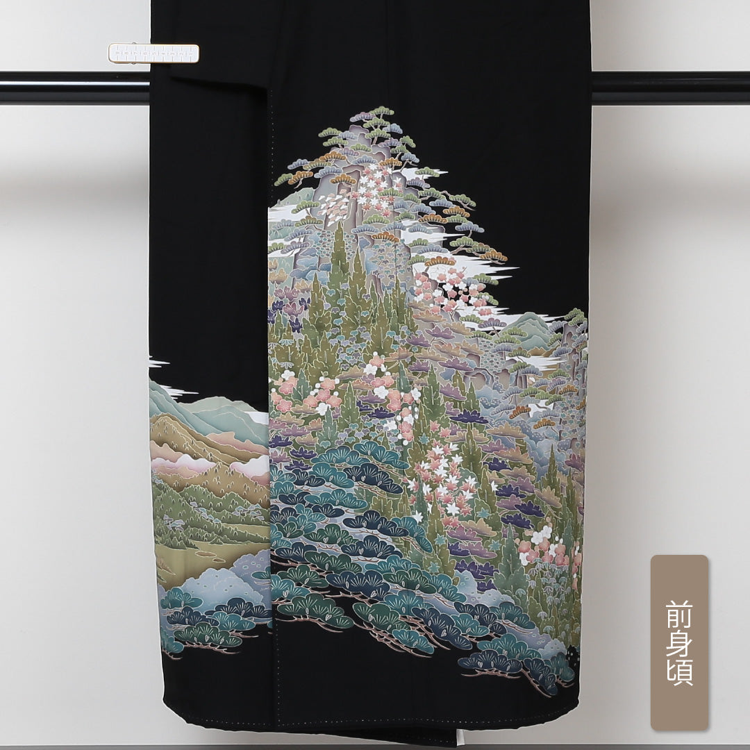 黒留袖 袷 身丈147cm 裄丈63cm 正絹 Aランク 五つ紋 (丸に木瓜) フォーマル 広衿 XSサイズ 翠晶 京友禅 比翼 作家物 落款 山水 黒系 M4 1213-06455