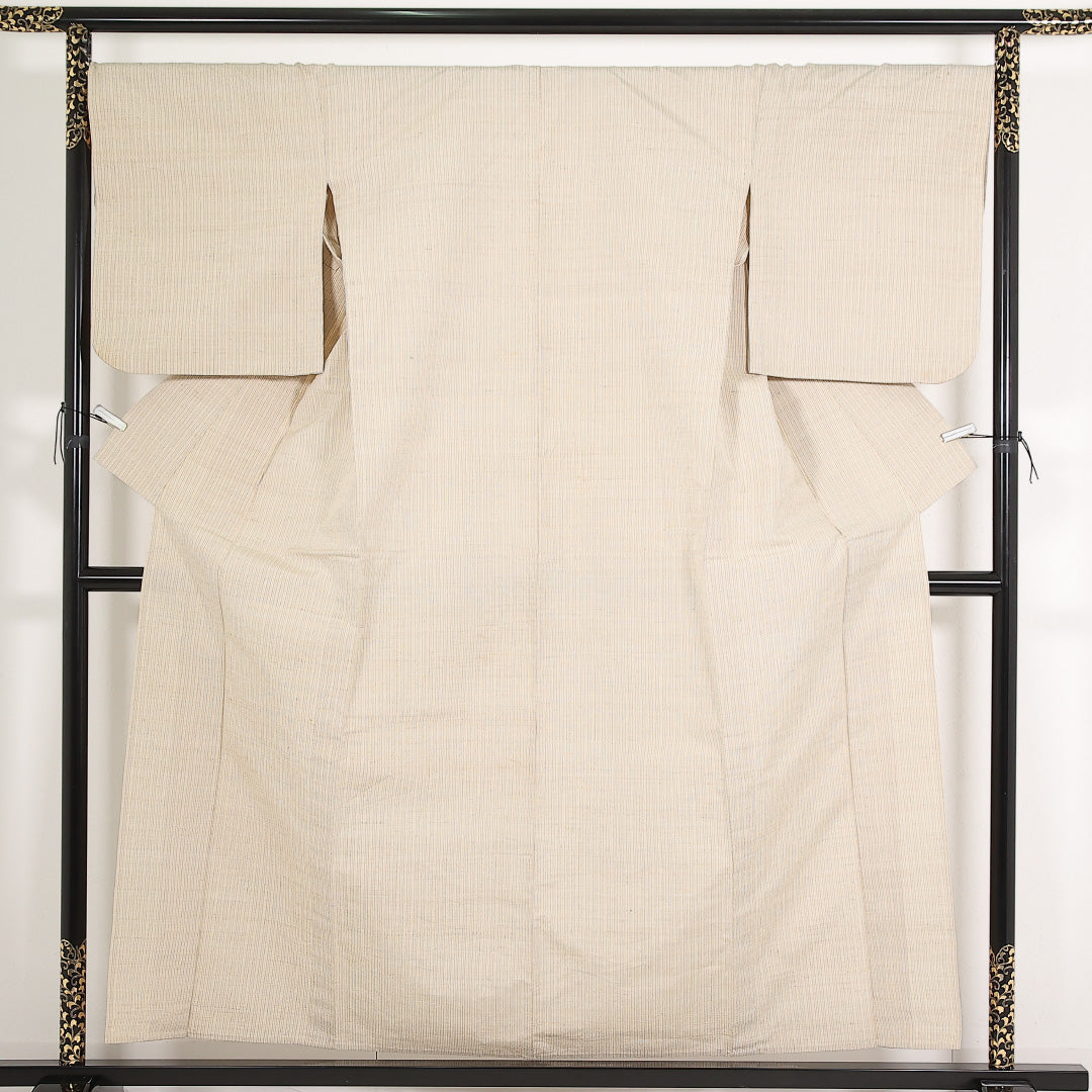 上田紬 単衣 身丈157cm 裄丈69cm 正絹 Cランク カジュアル 広衿 Mサイズ 縞 クリーム系 RP 1223-17537