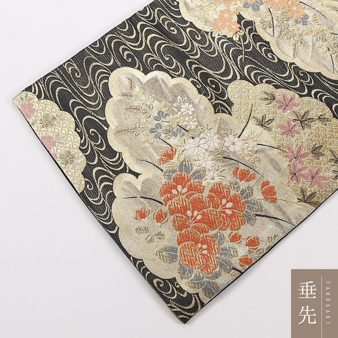 菊 袋帯 帯丈424cm 正絹 六通 フォーマル 観世水 黒系 1243-02587