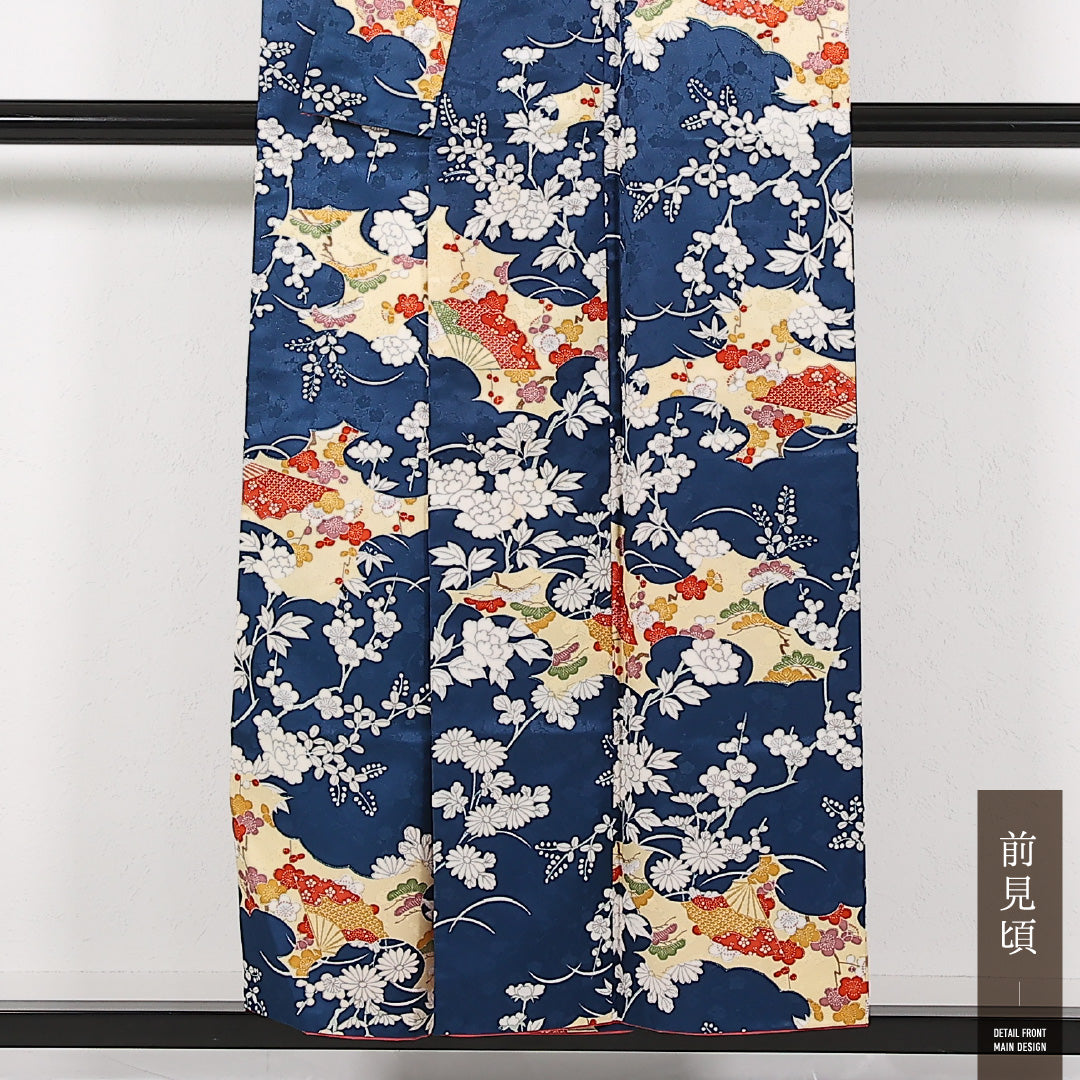 洗える着物 小紋 袷 身丈151cm 裄丈62cm ポリエステル Sランク インフォーマル 広衿 XLサイズ 花扇 青系 RP 1221-17428