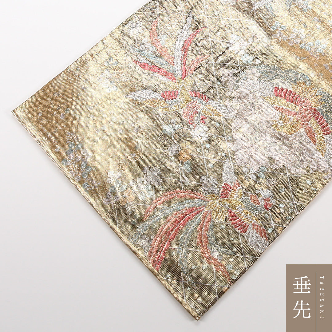 袋帯 帯丈436cm 正絹 六通 フォーマル 佐賀錦 花喰鳥 金系 1243-02536