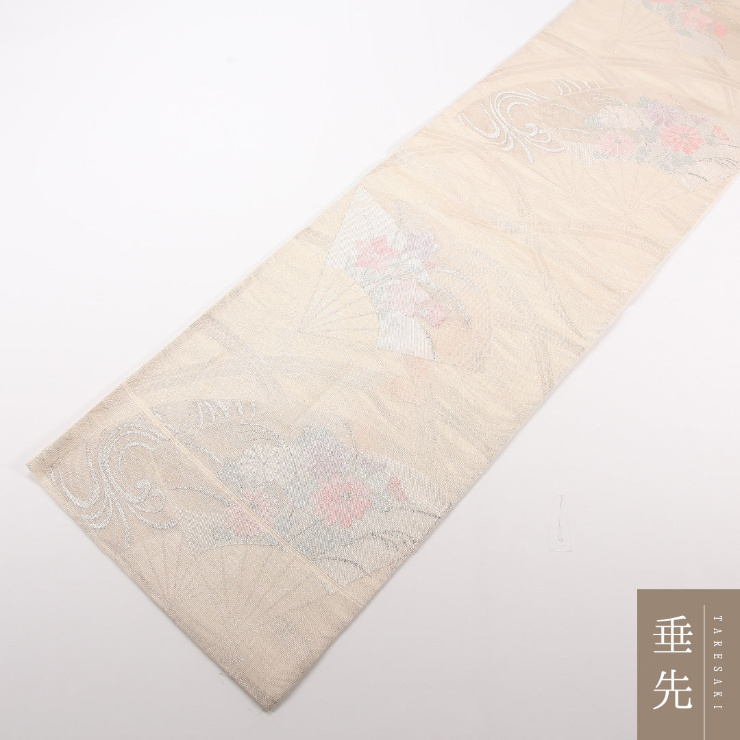 夏物 袋帯 帯丈422cm 正絹 六通 セミフォーマル 綴れ織 扇面文 菊 桔梗 クリーム系 1243-02514
