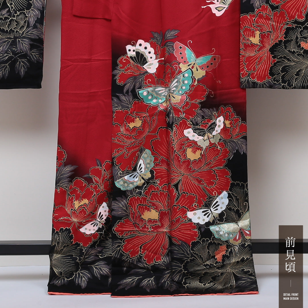 振袖 袷 身丈168cm 裄丈67cm 正絹 Aランク フォーマル 広衿 XLサイズ 蝶 藤 牡丹 赤系 RP 1215-06333