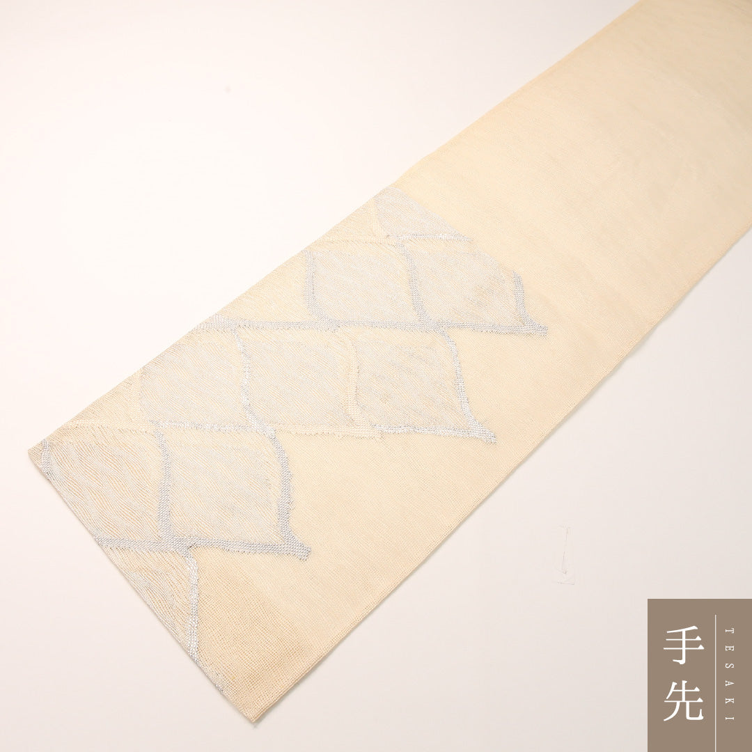 夏物 袋帯 帯丈432cm 正絹 六通 インフォーマル 幾何学柄 クリーム系 1243-02444