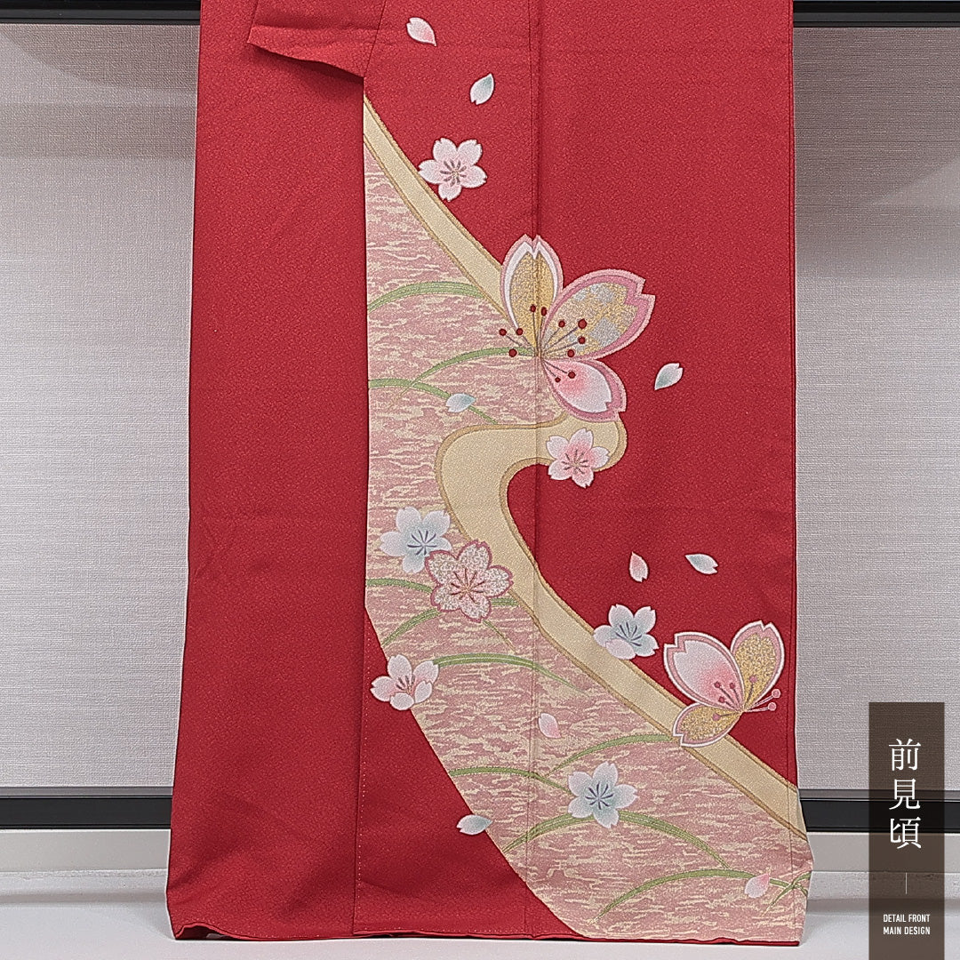 洗える着物 小振袖 袷 身丈165cm 裄丈66cm ポリエステル Sランク セミフォーマル 広衿 XLサイズ 桜 赤系 RP 1216-07069