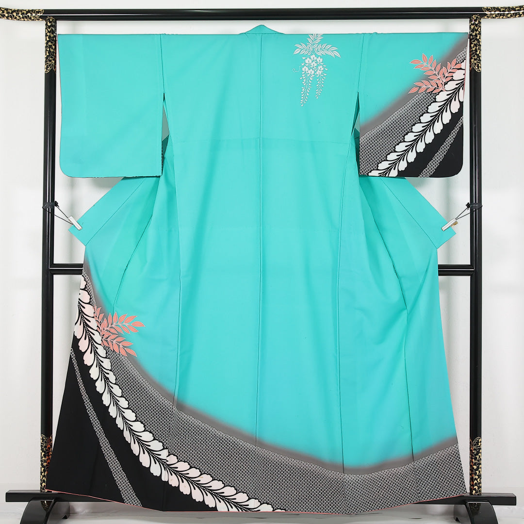洗える着物 小紋 袷 身丈159cm 裄丈67cm ポリエステル Cランク 踊り用 バチ衿 Lサイズ 藤 緑系 LP 1221-17454