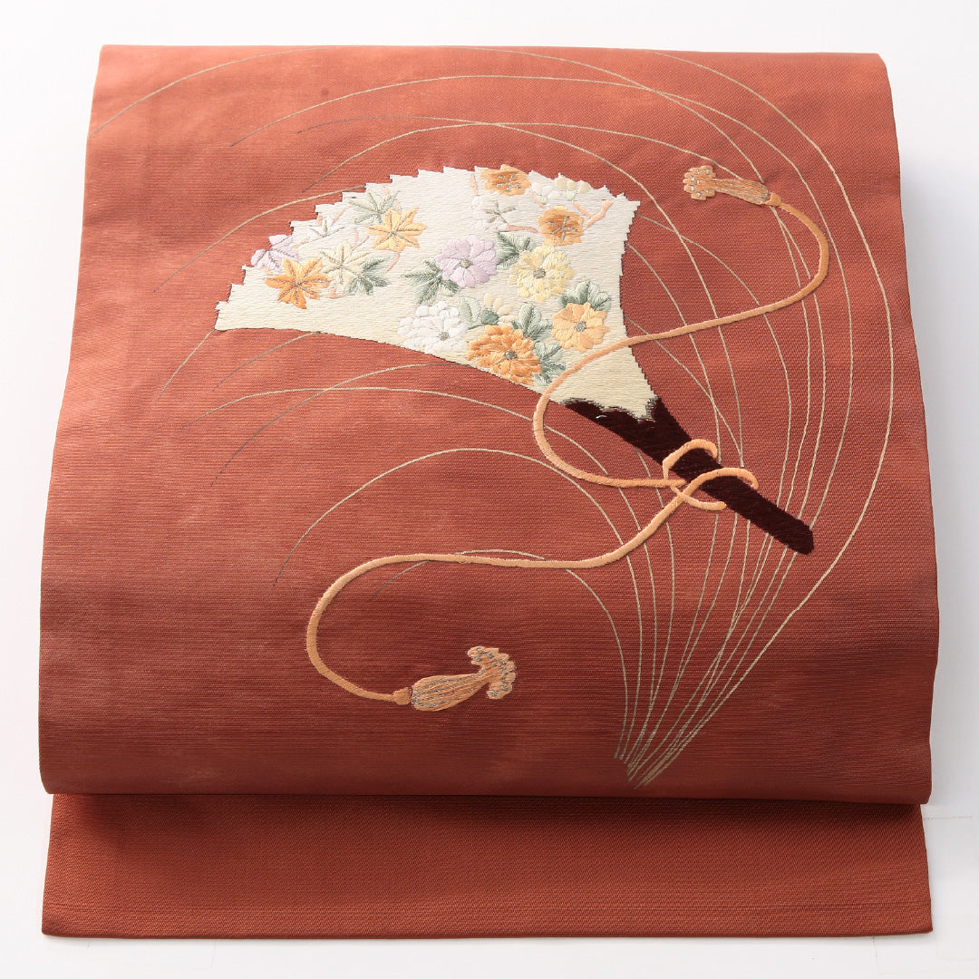 九寸名古屋帯 帯丈368cm 正絹 ポイント柄 名古屋仕立て 織り インフォーマル 刺繍 花扇 扇 菊 04405 花扇 扇 菊 光琳波 朱系 RP 1245-04405