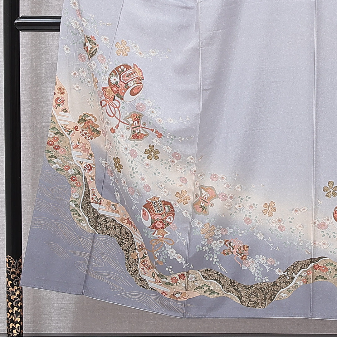 色留袖 袷 身丈150cm 裄丈63cm 正絹 Aランク 一つ紋 (丸に九つ星) セミフォーマル Sサイズ 宝尽くし グレー系 RP 1214-07092