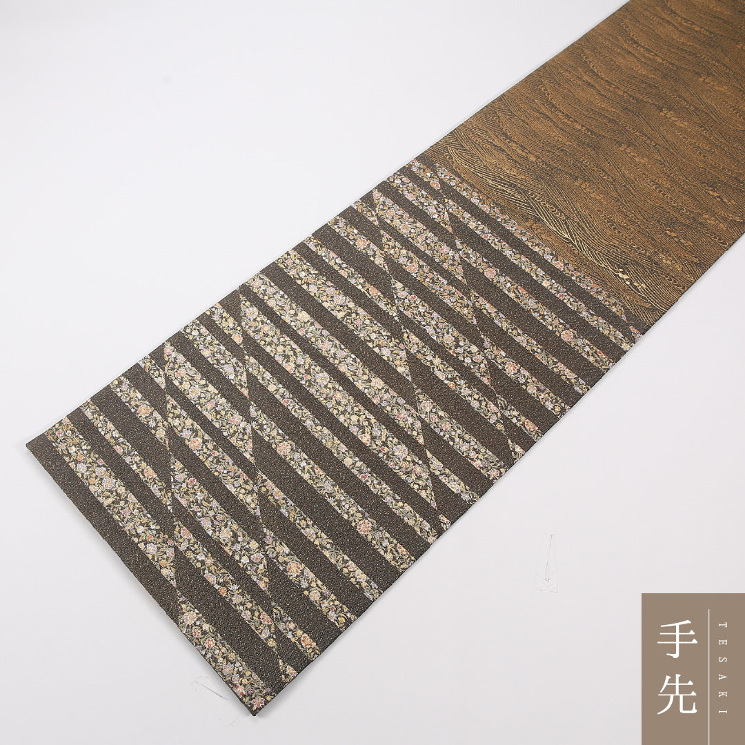 植物柄 袋帯 帯丈432cm ポリエステル 六通 セミフォーマル 緑系 黒系 1243-02589