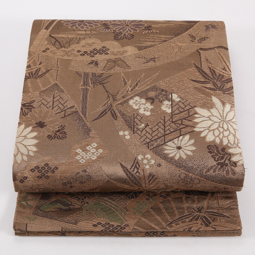 アンティーク 丸帯 帯丈392cm 正絹 全通 扇面文 竹 茶系 1242-02564