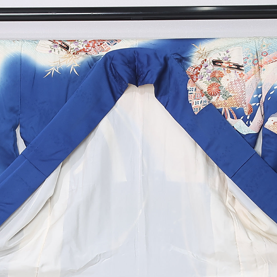振袖 袷 身丈164cm 裄丈67cm 正絹 Sランク フォーマル 広衿 Lサイズ 刺繍 扇 菊 青系 RP 1215-06713