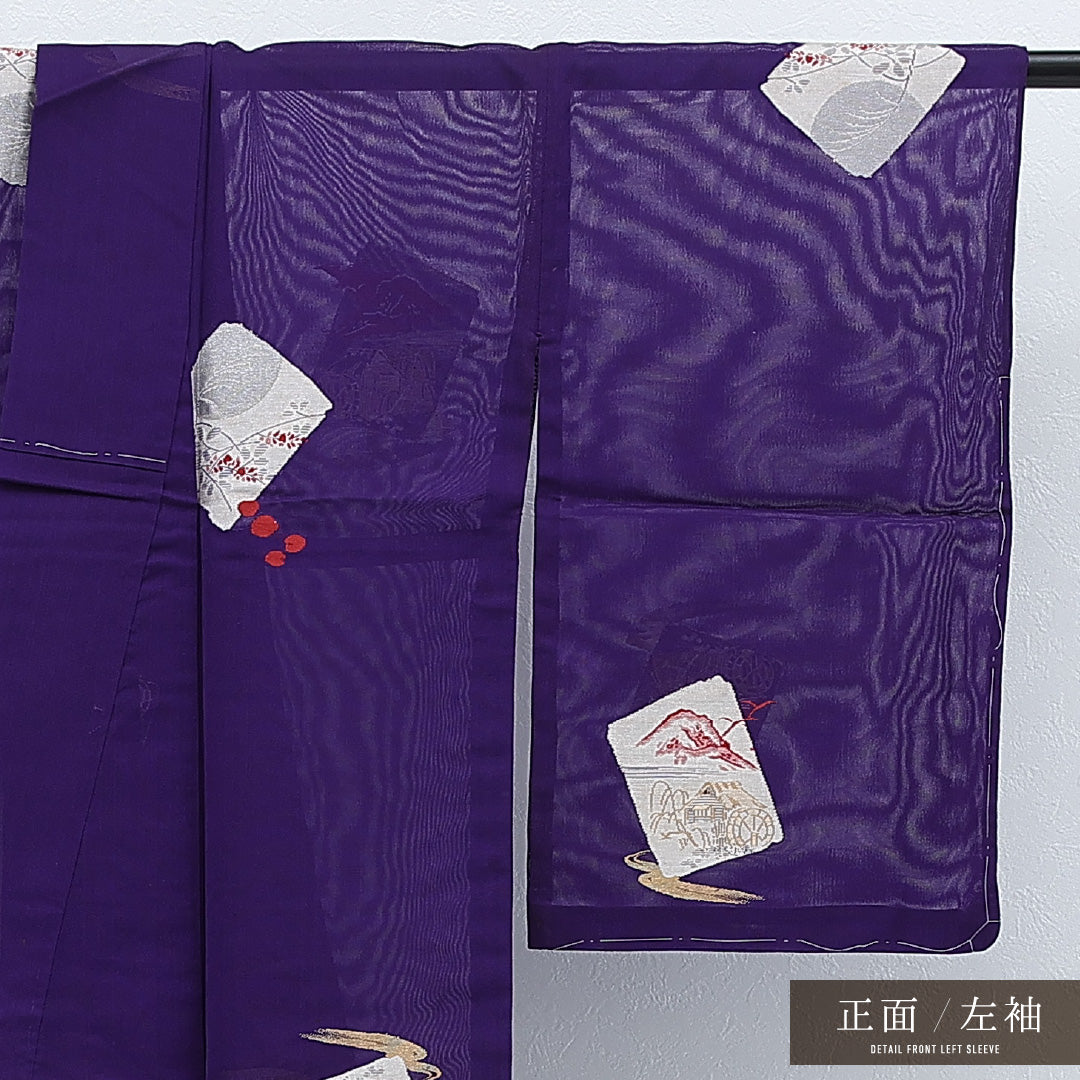アンティーク 夏物 小紋 紗 身丈148cm 裄丈64cm 正絹 Bランク 広衿 Sサイズ 金箔 風景柄 紫系 RP 1221-17248
