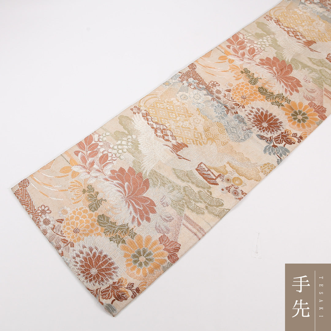 アンティーク 丸帯 帯丈380cm 正絹 全通 鶴 菊 ベージュ系 1242-02571